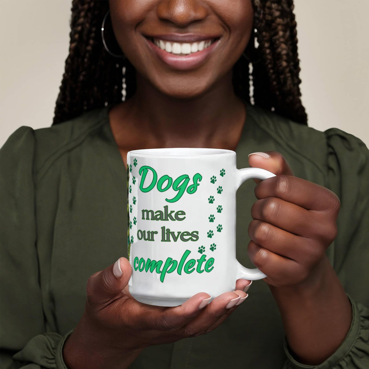 "Dogs Make Our Lives Complete" Personalized White Ceramic Mug, 11 oz, 15 oz