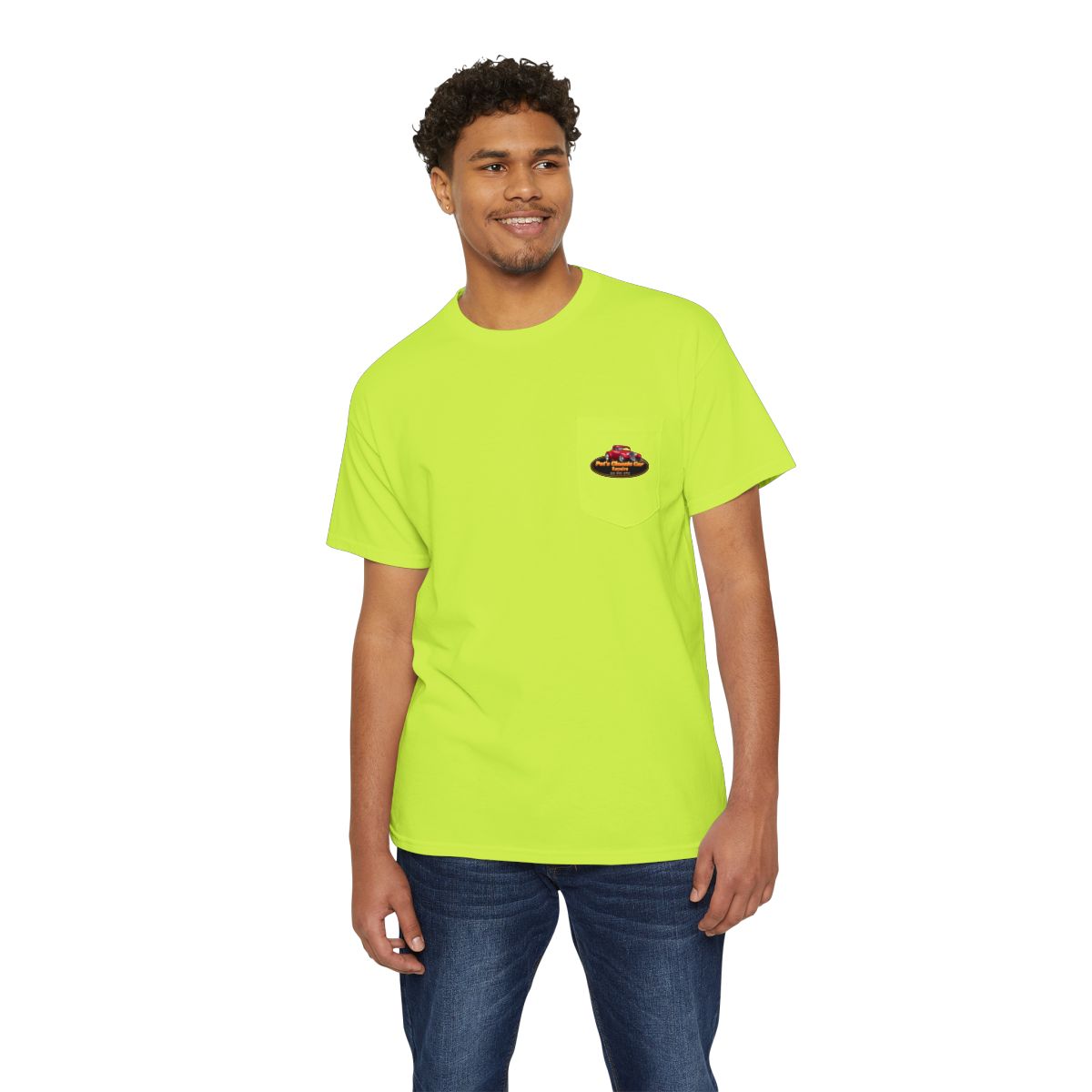 Unisex Heavy Cotton Pocket Tee, Personalized, Pat's Classic Car Repairs