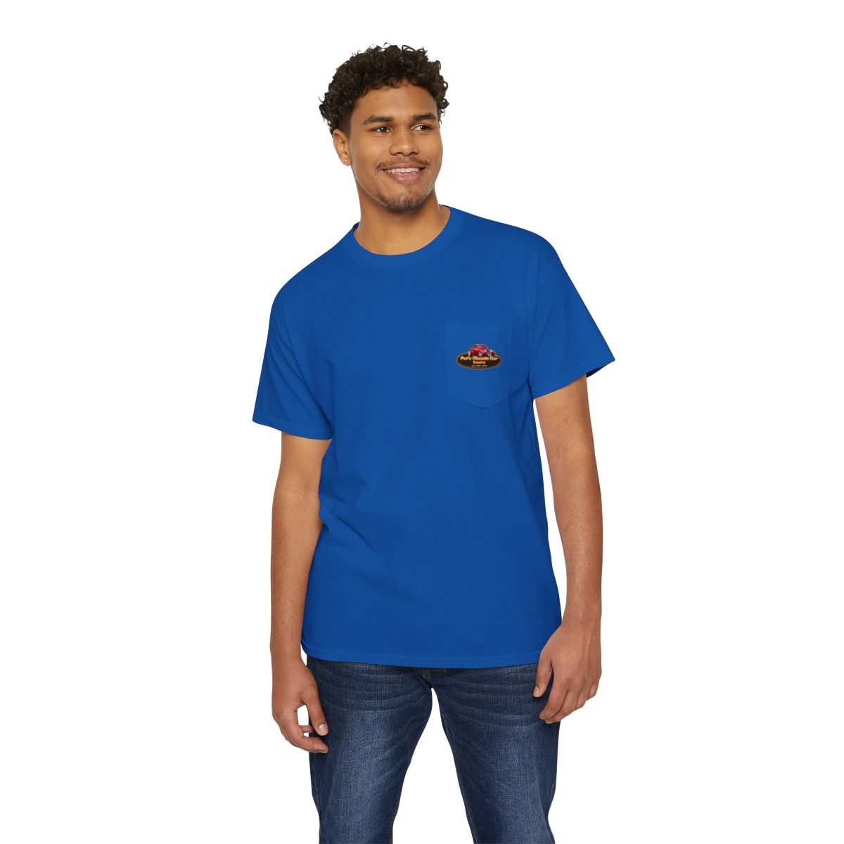 Unisex Heavy Cotton Pocket Tee, Personalized, Pat's Classic Car Repairs
