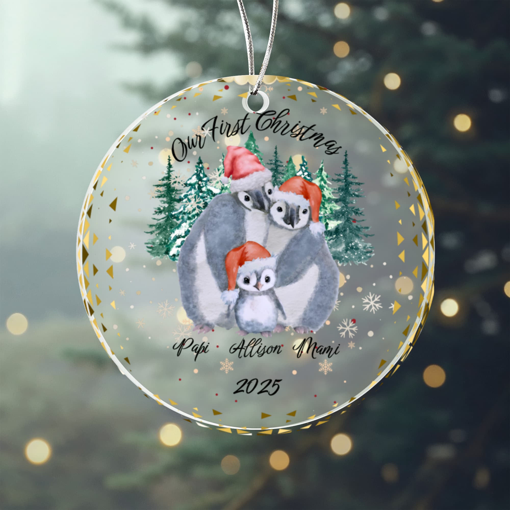 Our First Christmas Personalized Penguin Family Acrylic Circle Ornament