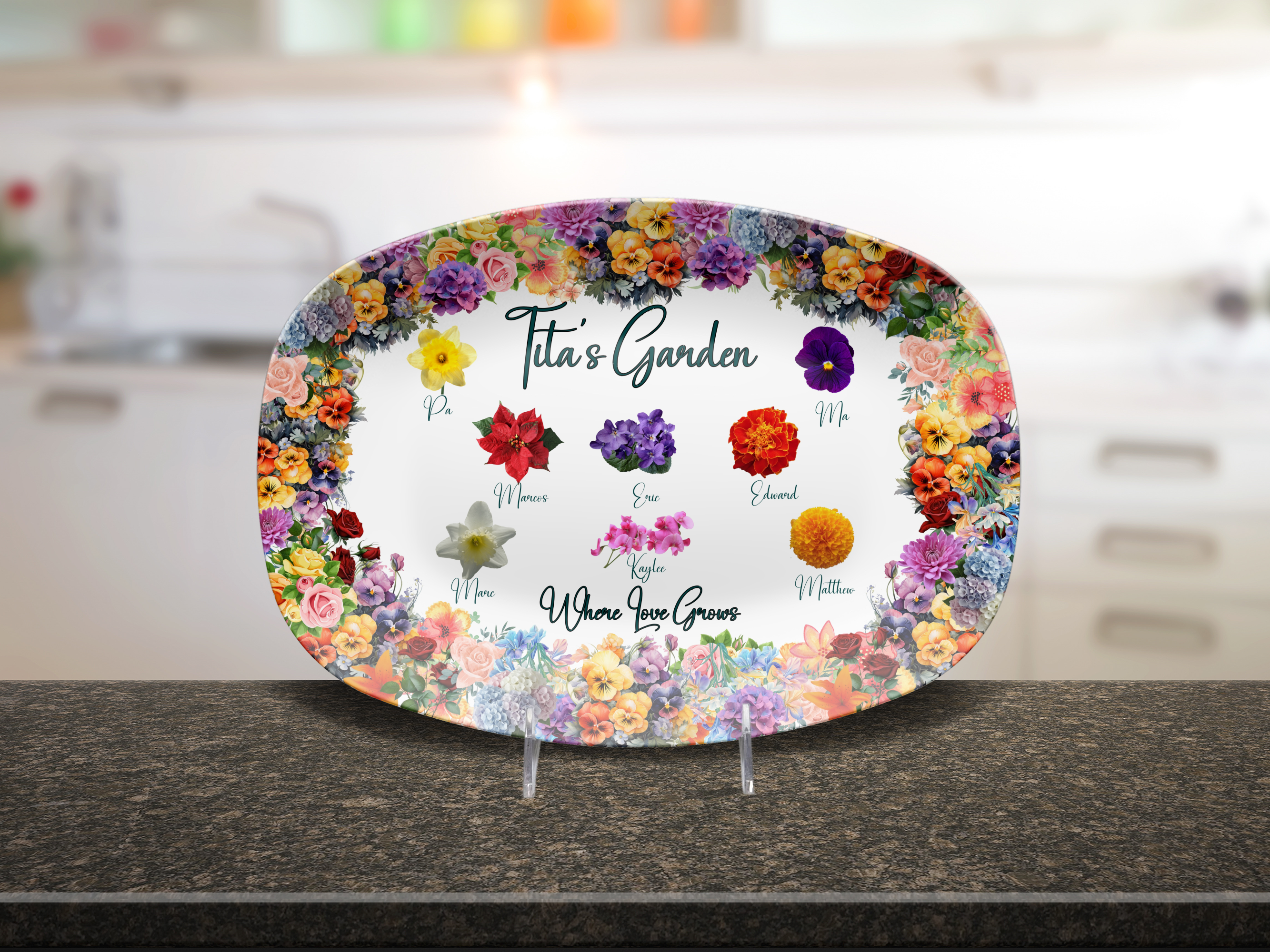 Personalized Floral Serving Tray, Custom Family Name Decor, Unique Housewarming Gift, Kitchen Accessory, Unique Personalized Mother's Gift