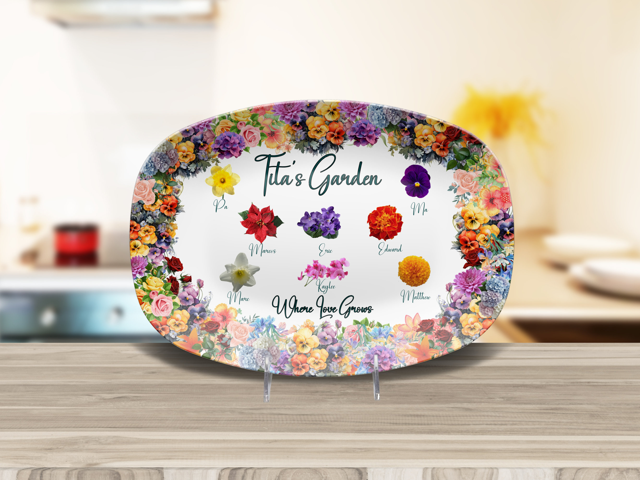 Personalized Floral Serving Tray, Custom Family Name Decor, Unique Housewarming Gift, Kitchen Accessory, Unique Personalized Mother's Gift