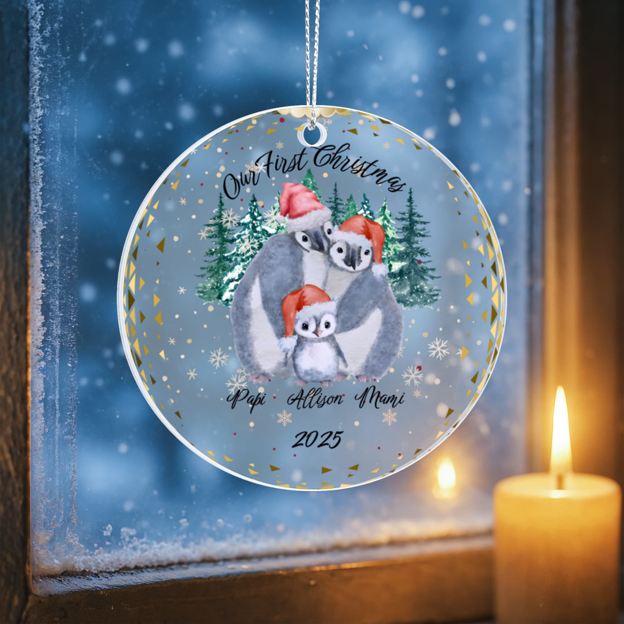 Our First Christmas Personalized Penguin Family Acrylic Circle Ornament