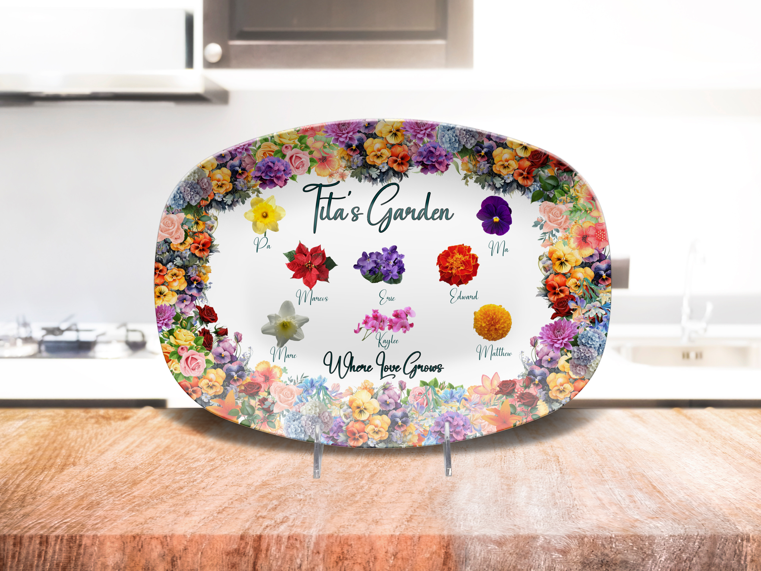 Personalized Floral Serving Tray, Custom Family Name Decor, Unique Housewarming Gift, Kitchen Accessory, Unique Personalized Mother's Gift