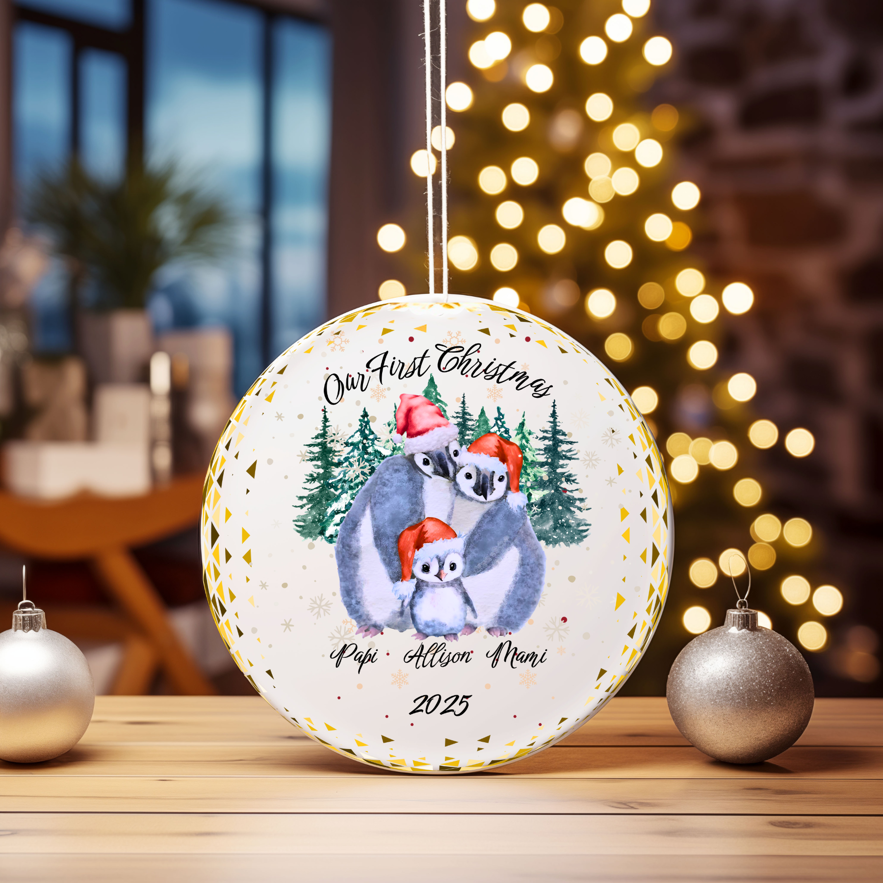 Personalized Ceramic Christmas Ornament -Penguin Family - White Ceramic - Circle Shape