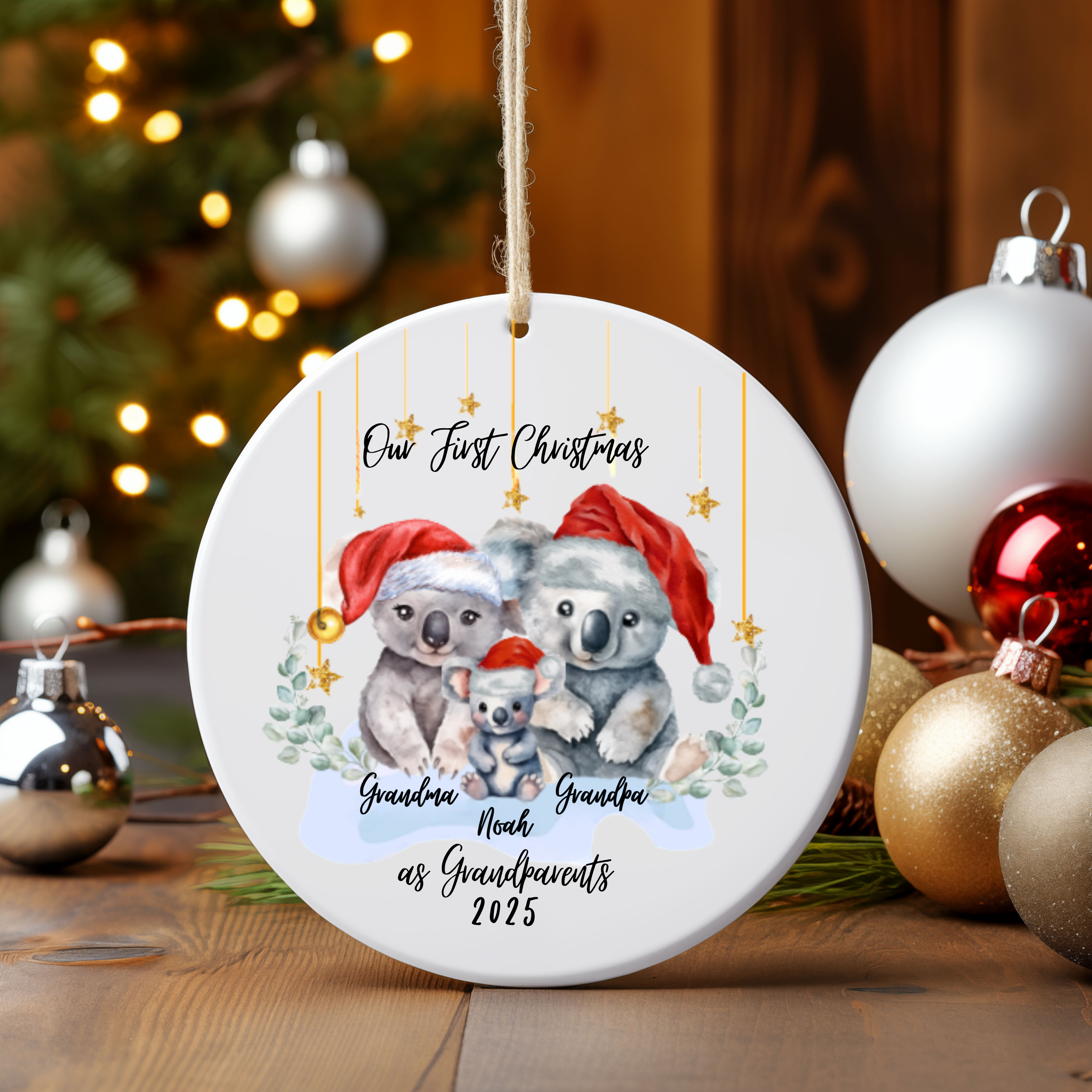 Personalized Grandparent Gift, First Grandbaby Gift, Koala Family Ornament, Ceramic Christmas Decoration, Custom Holiday Keepsake