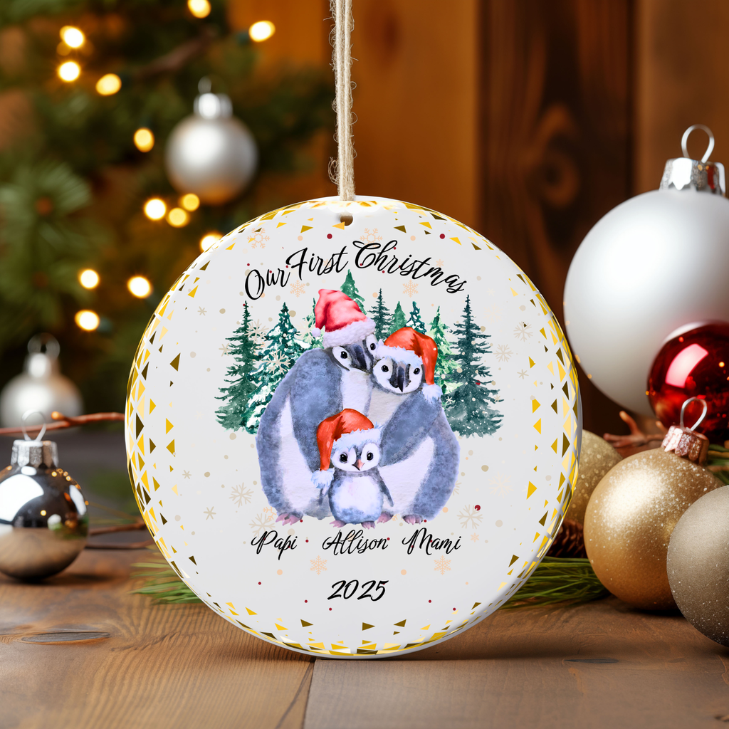 Personalized Ceramic Christmas Ornament -Penguin Family - White Ceramic - Circle Shape