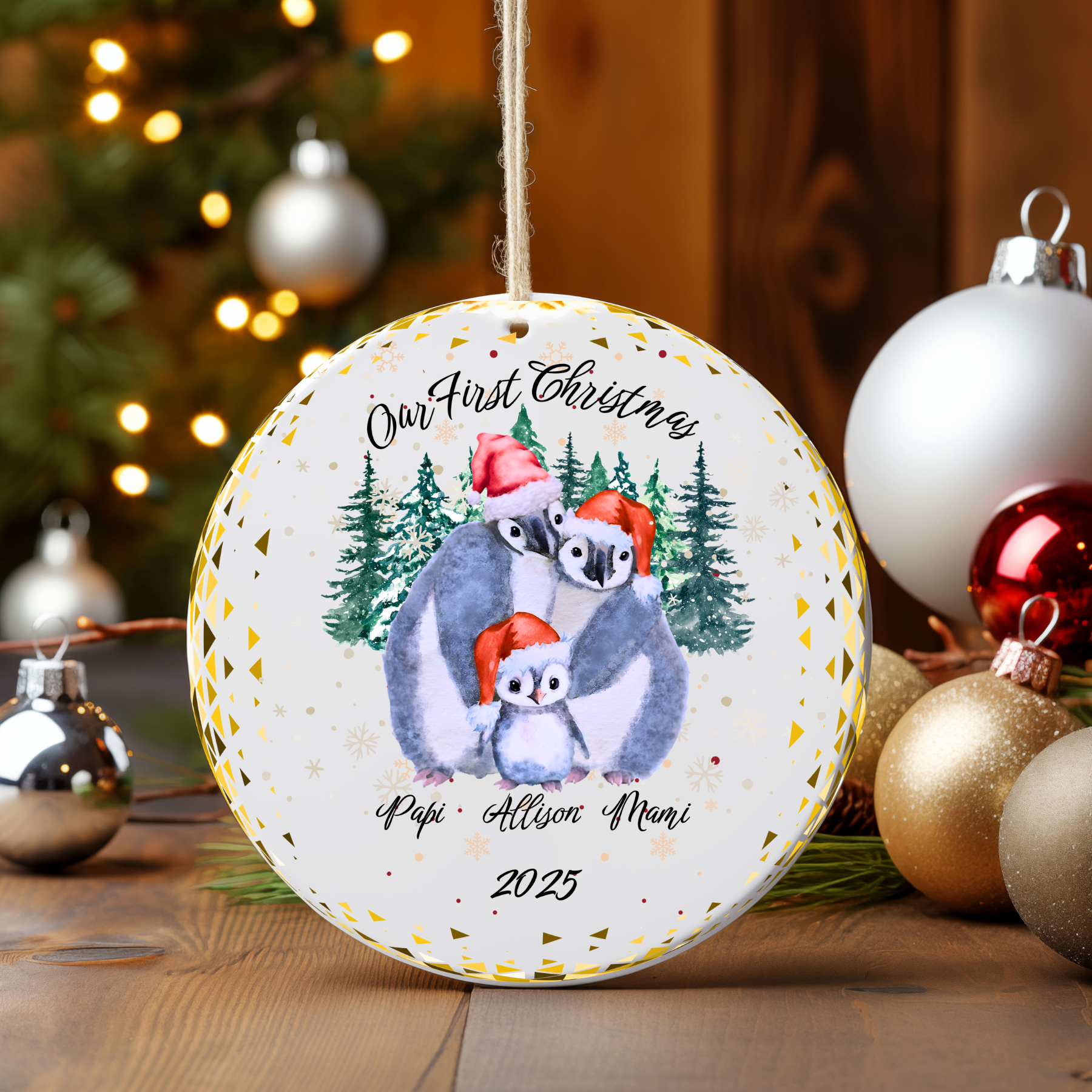 Personalized Ceramic Christmas Ornament -Penguin Family - White Ceramic - Circle Shape