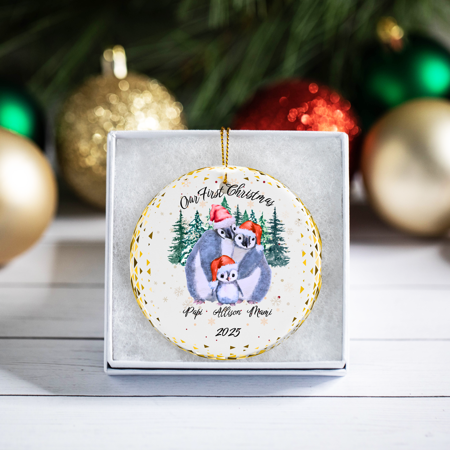 Personalized Ceramic Christmas Ornament -Penguin Family - White Ceramic - Circle Shape