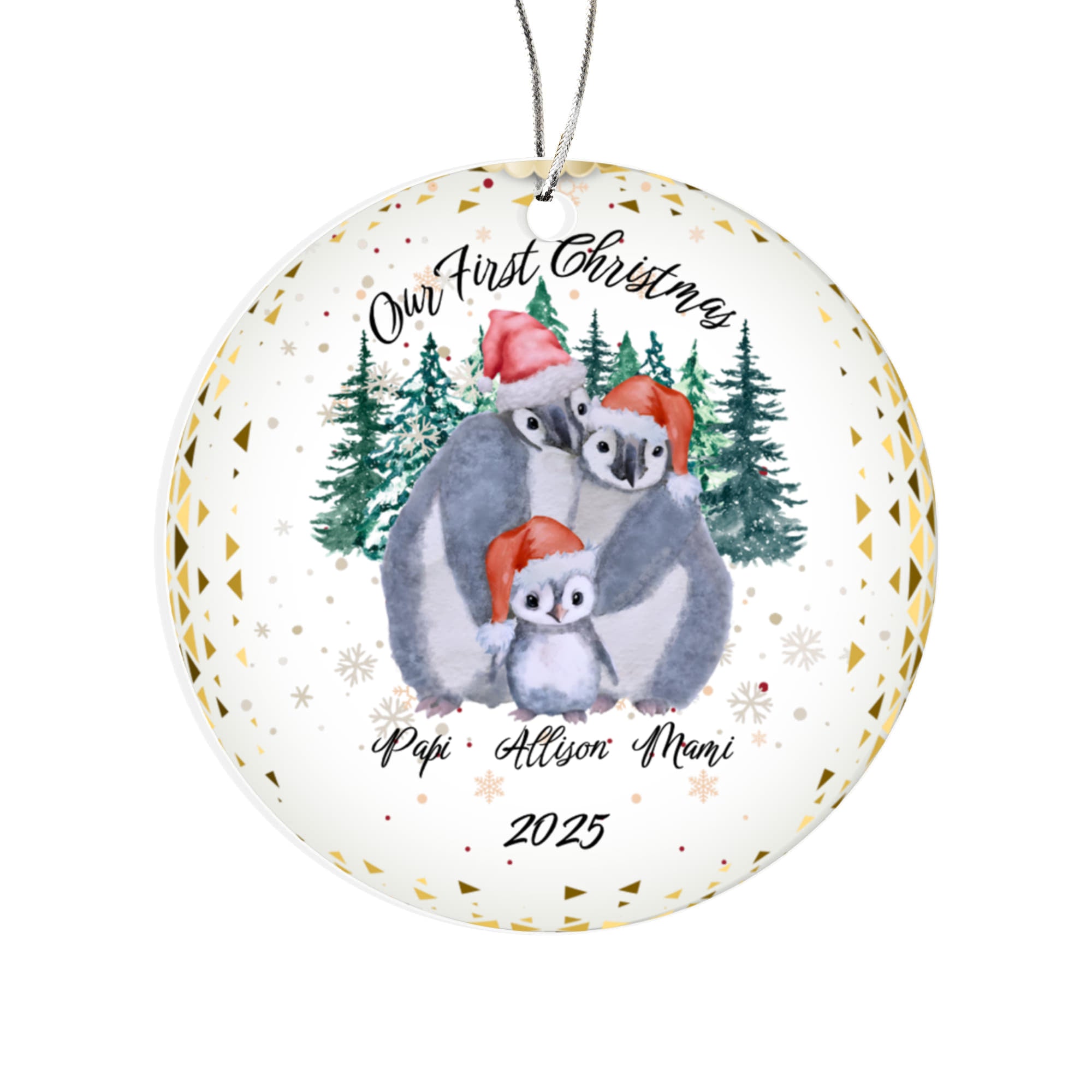 Our First Christmas Personalized Penguin Family Acrylic Circle Ornament
