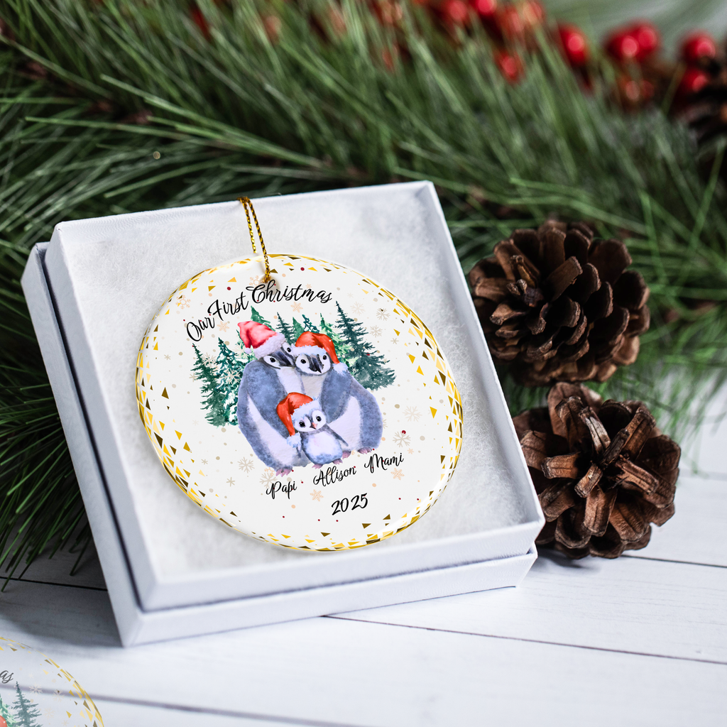 Personalized Ceramic Christmas Ornament -Penguin Family - White Ceramic - Circle Shape