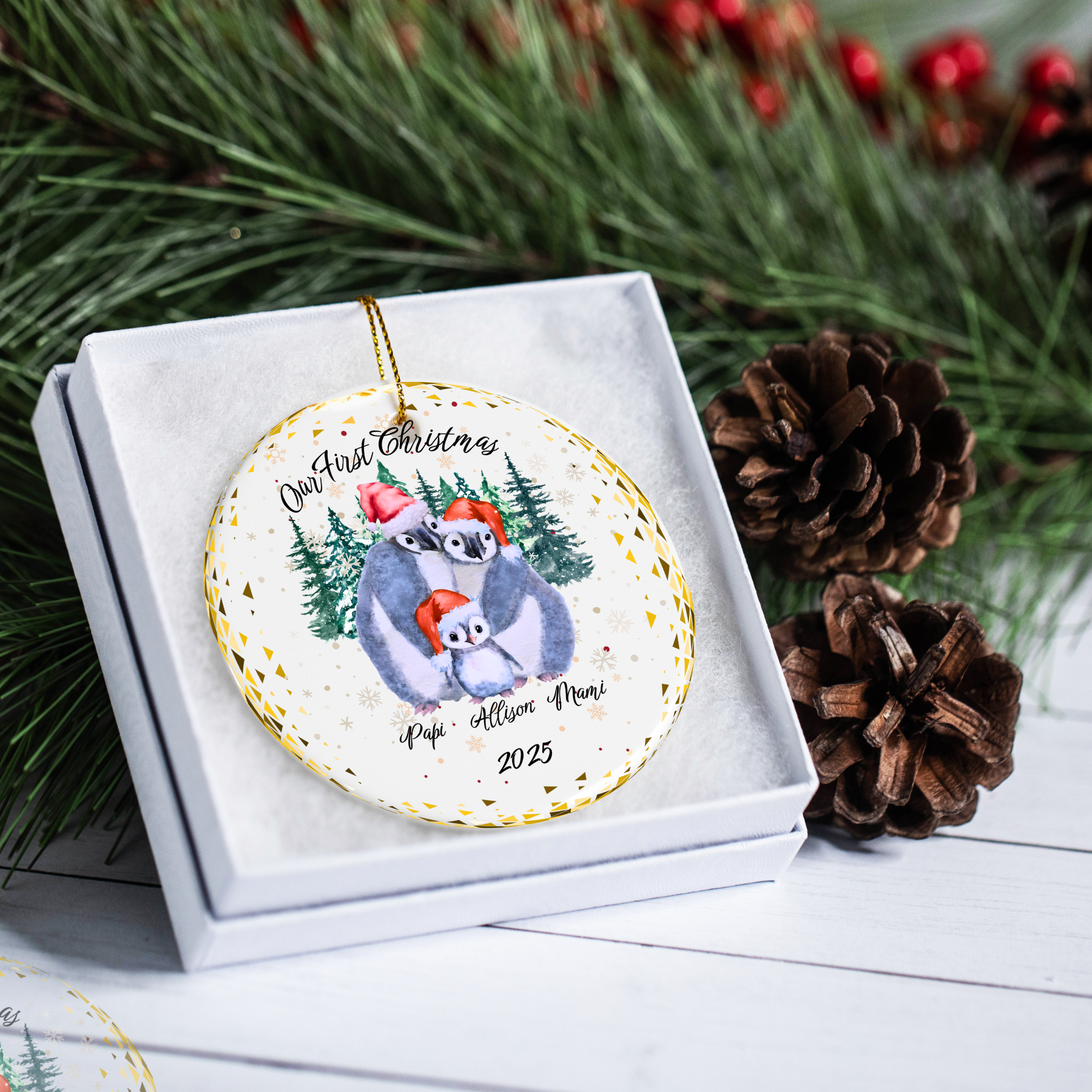 Personalized Ceramic Christmas Ornament -Penguin Family - White Ceramic - Circle Shape