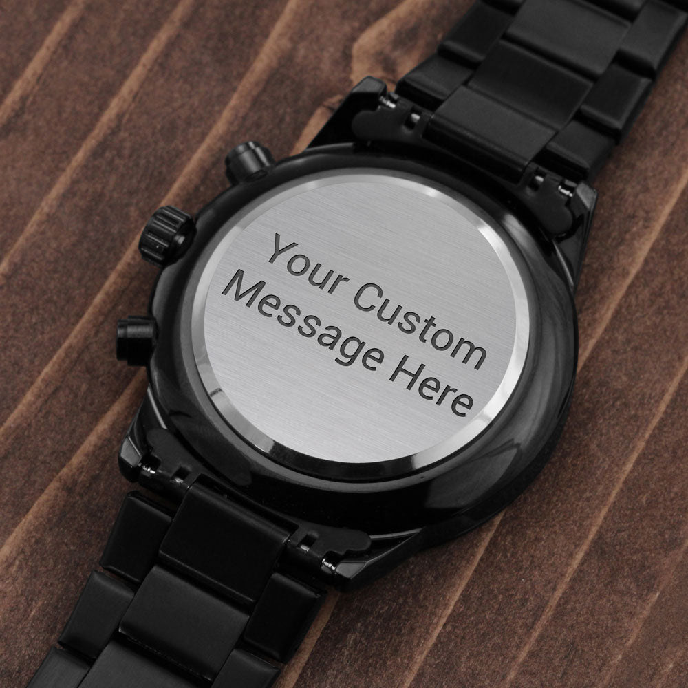 Eternal Precision: Engraved Men's Black Chronograph Watch