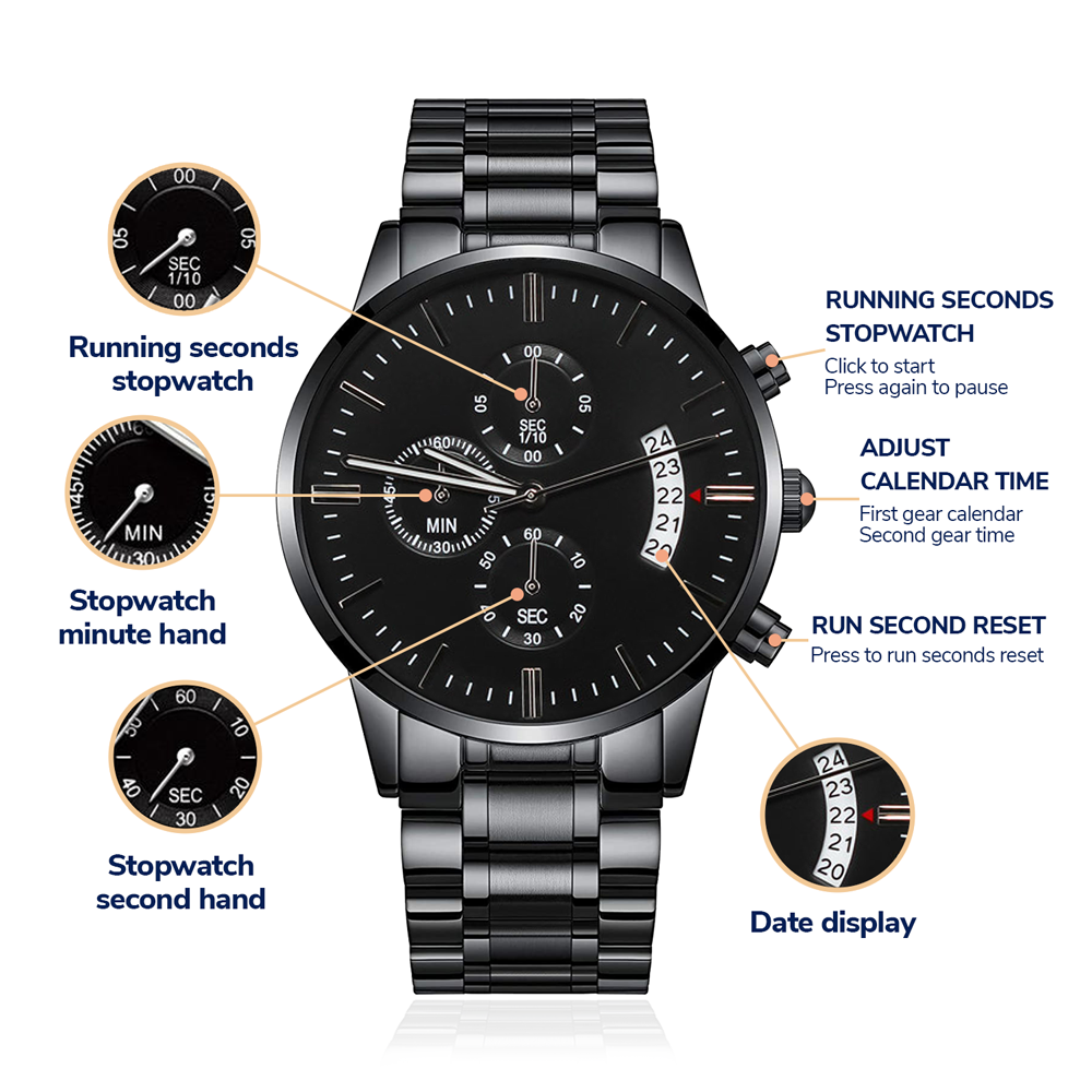 Eternal Precision: Engraved Men's Black Chronograph Watch