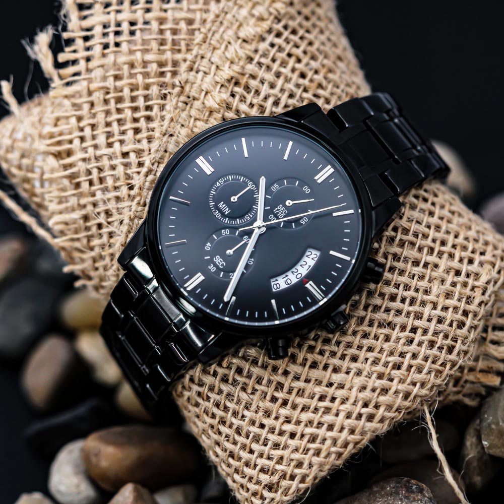 Eternal Precision: Engraved Men's Black Chronograph Watch