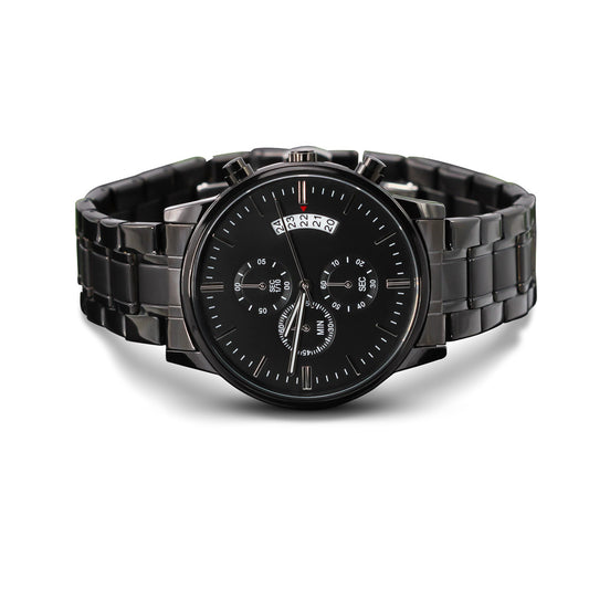 Eternal Precision: Engraved Men's Black Chronograph Watch