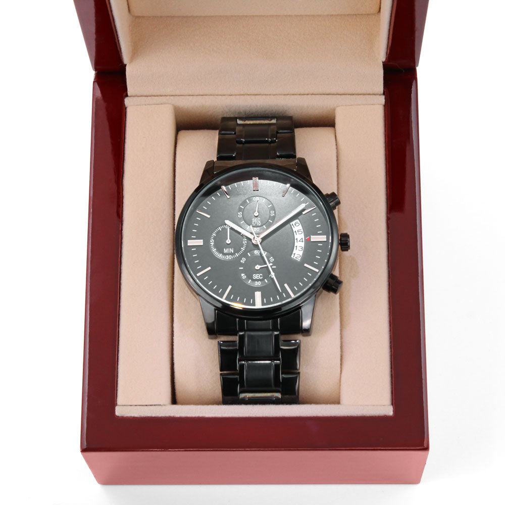 Eternal Precision: Engraved Men's Black Chronograph Watch