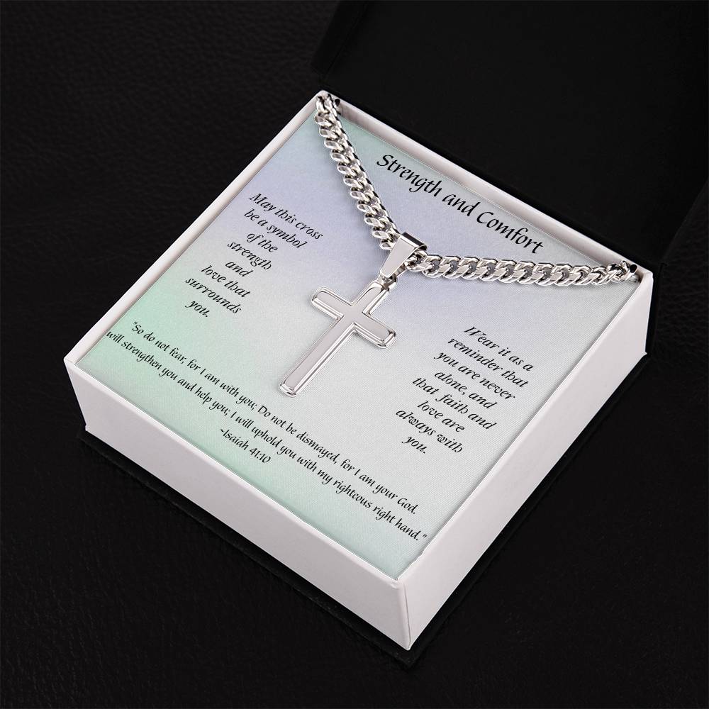 Faithful Elegance: Personalized Steel Cross Necklace on Cuban Chain with Inspirational Message Card