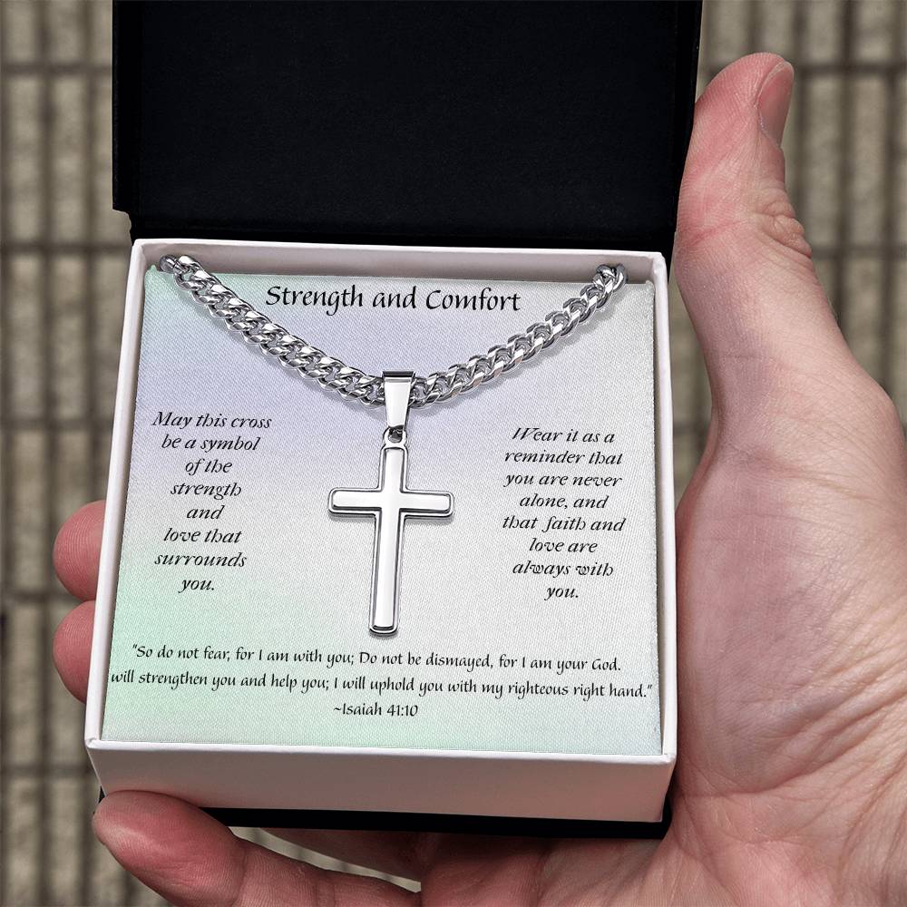 Faithful Elegance: Personalized Steel Cross Necklace on Cuban Chain with Inspirational Message Card