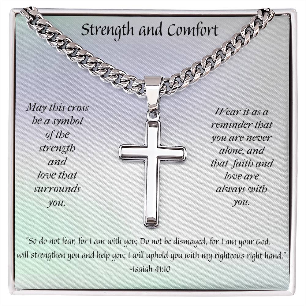 Faithful Elegance: Personalized Steel Cross Necklace on Cuban Chain with Inspirational Message Card