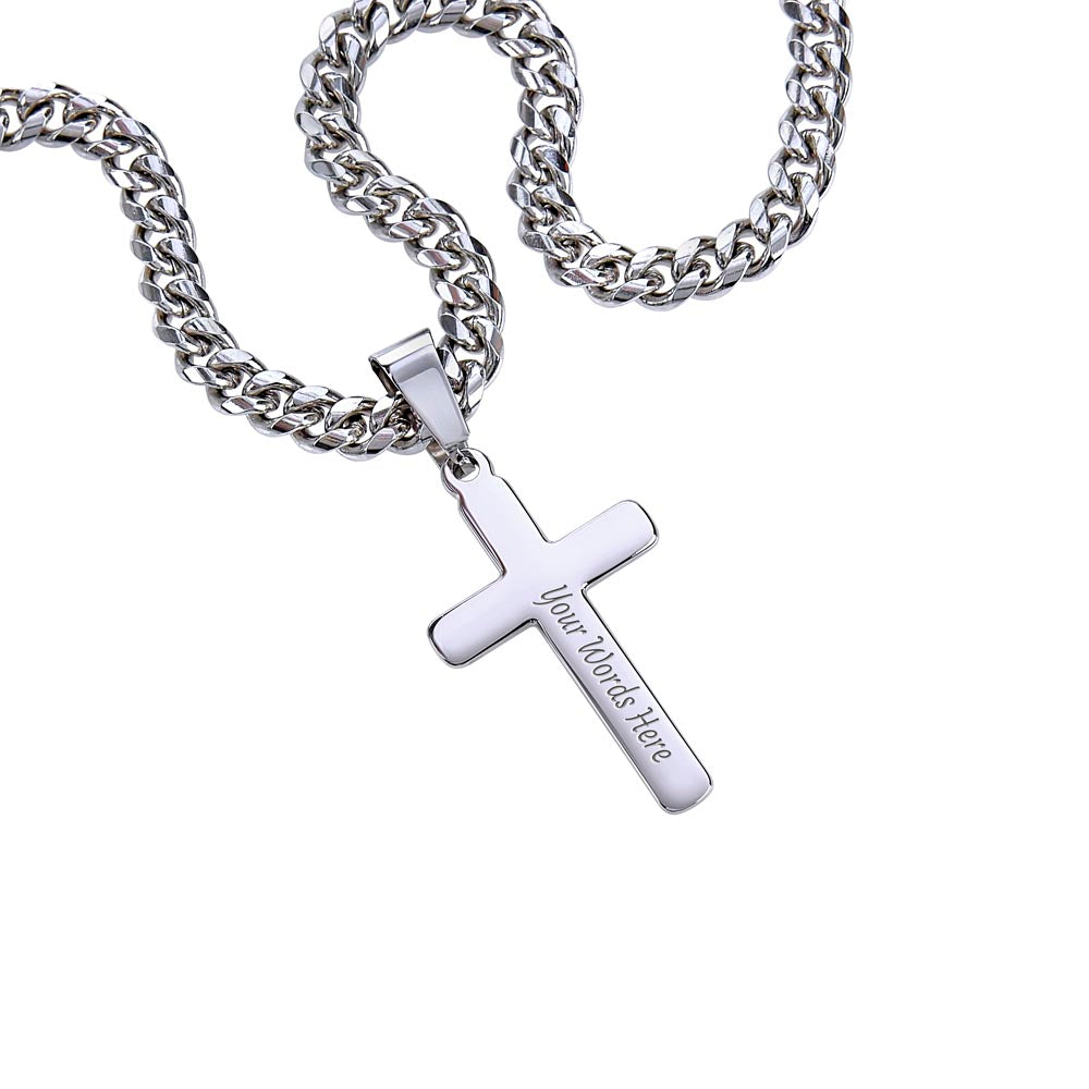 Faithful Elegance: Personalized Steel Cross Necklace on Cuban Chain with Inspirational Message Card