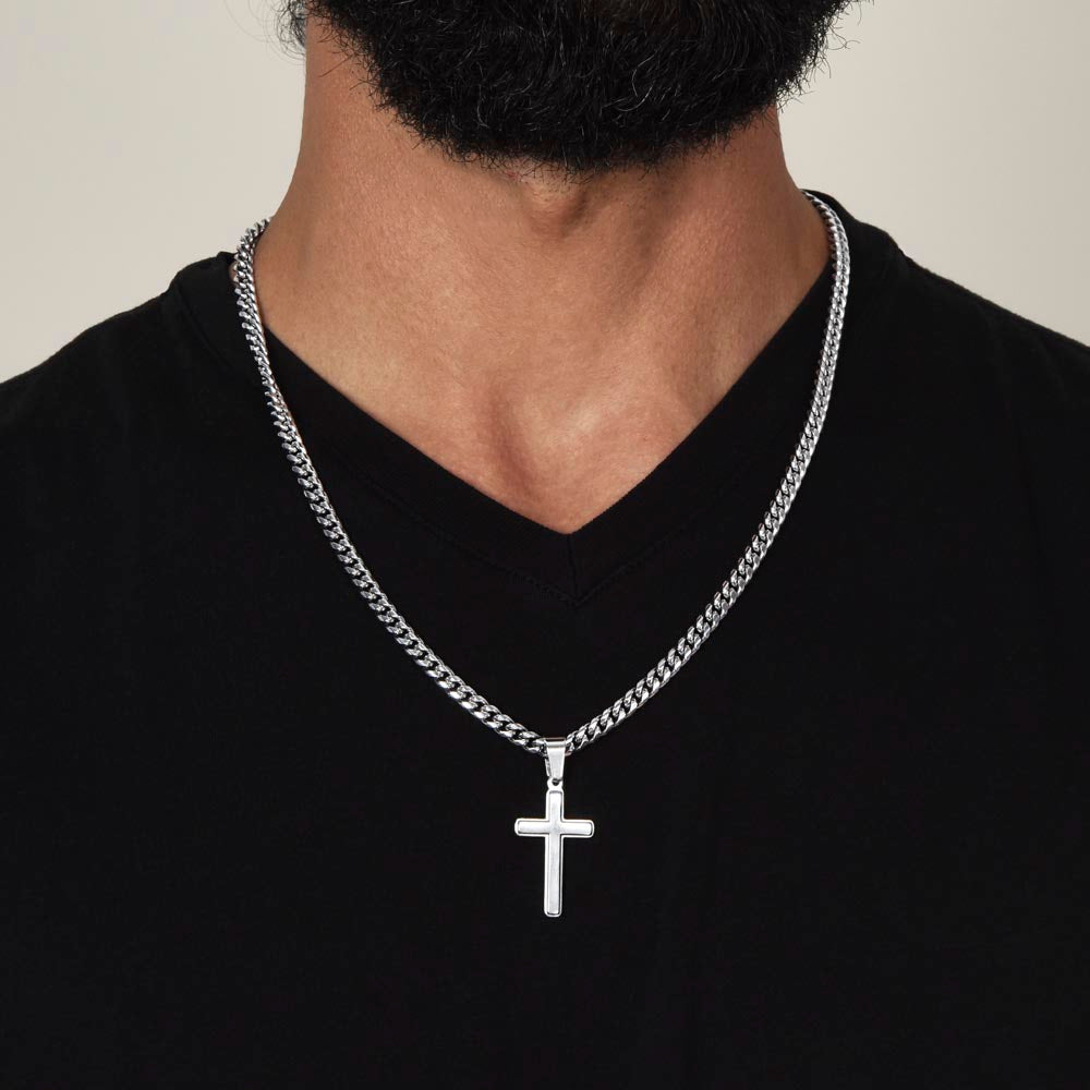 Faithful Elegance: Personalized Steel Cross Necklace on Cuban Chain with Inspirational Message Card