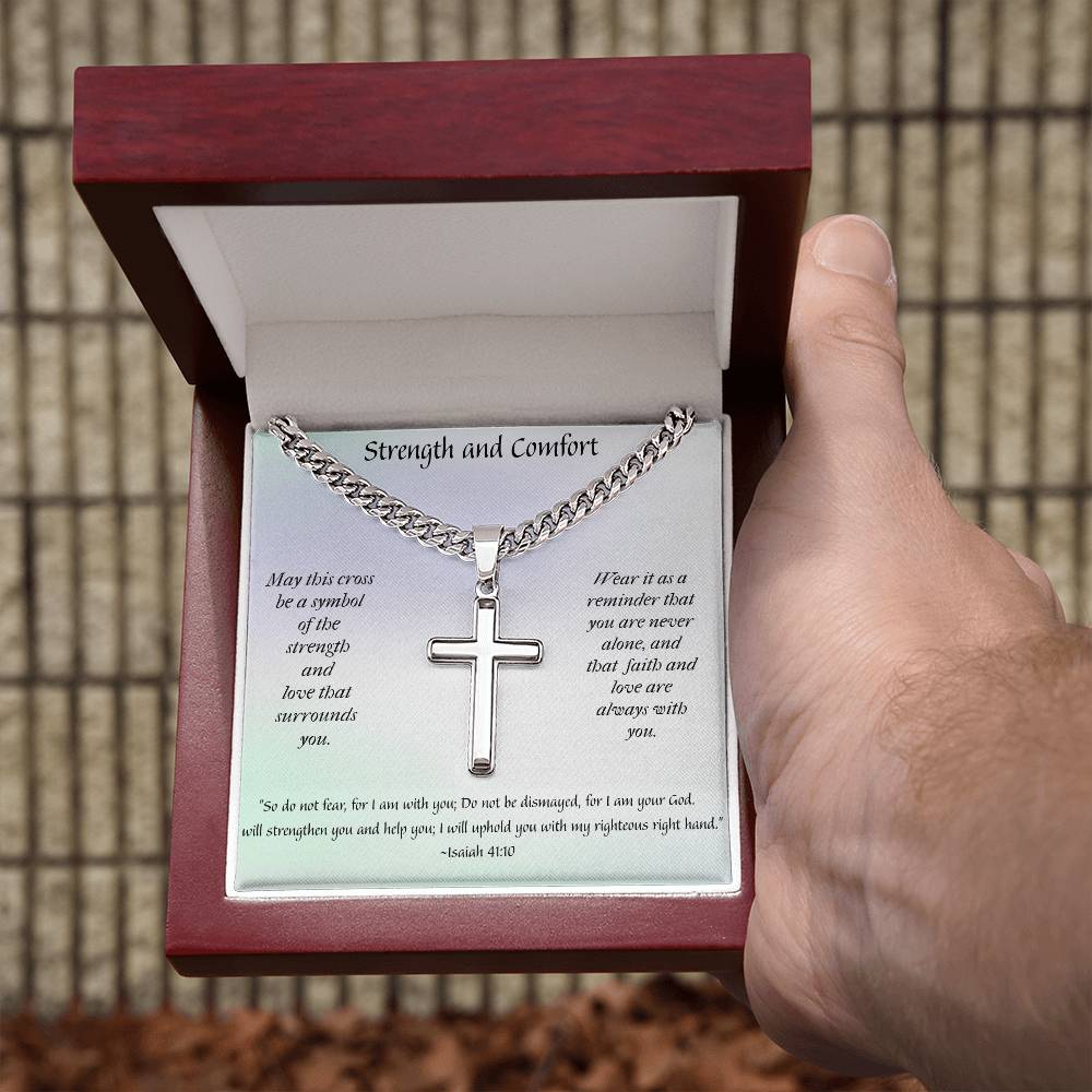 Faithful Elegance: Personalized Steel Cross Necklace on Cuban Chain with Inspirational Message Card