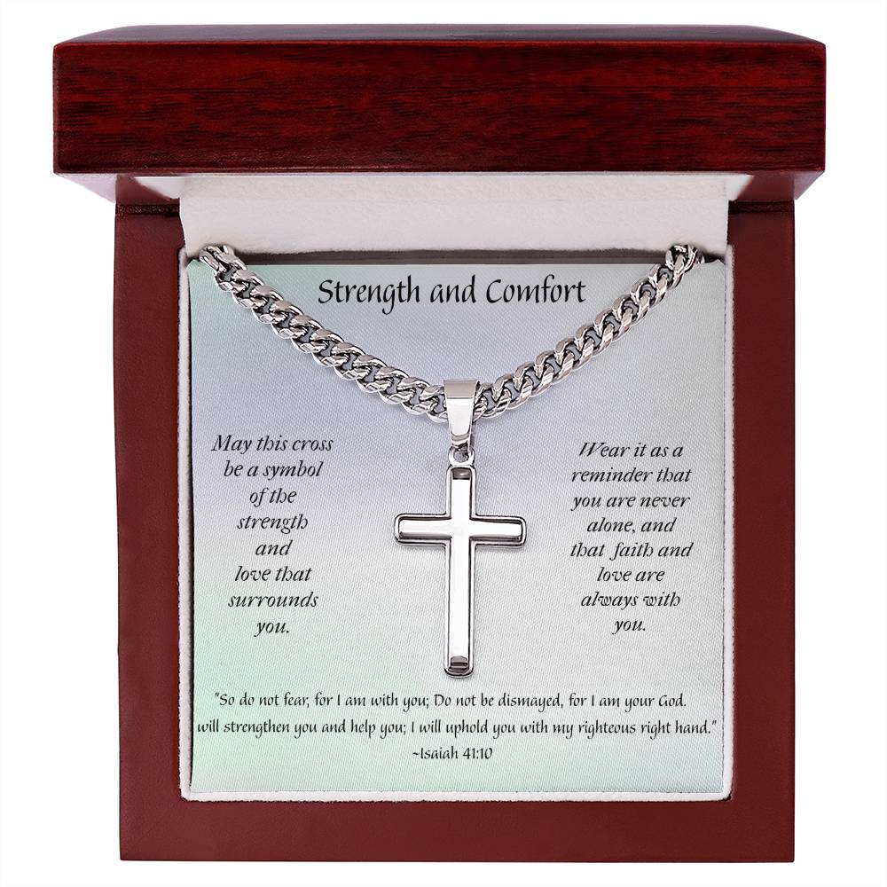 Faithful Elegance: Personalized Steel Cross Necklace on Cuban Chain with Inspirational Message Card