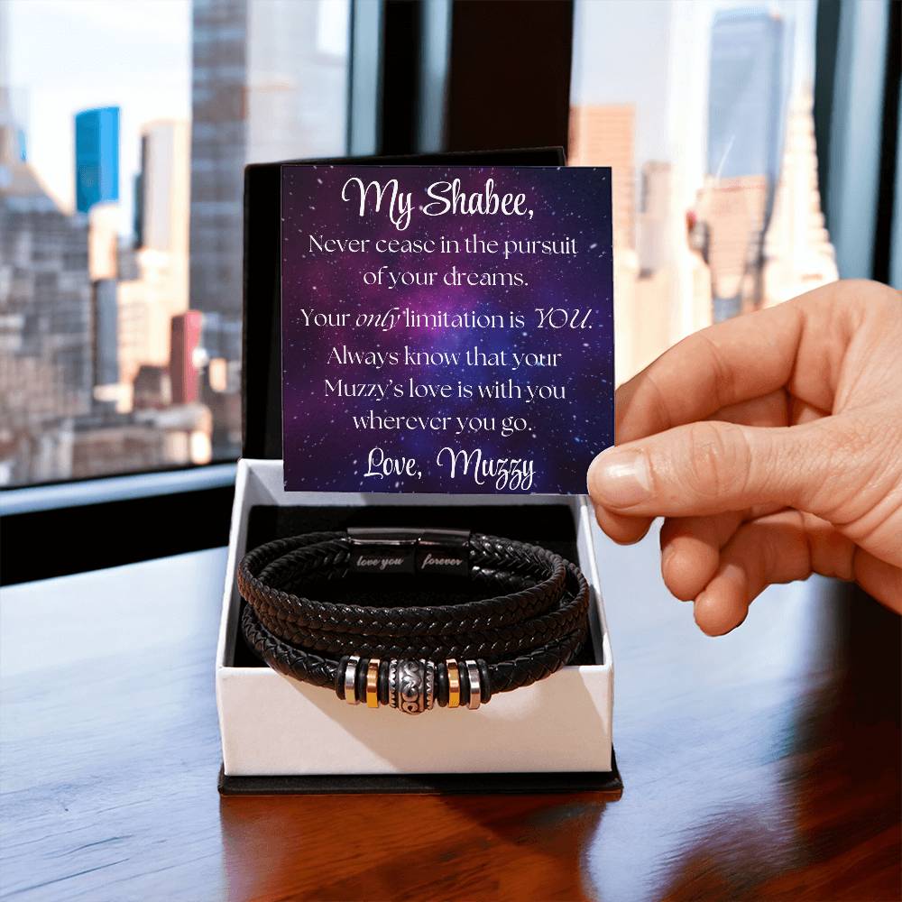 Men's Leather Bracelet with Engraved Sentiment and Personalized Message Card