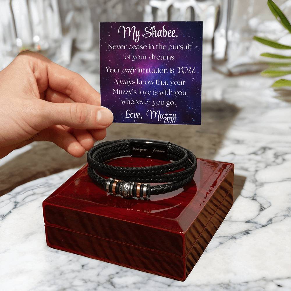 Men's Leather Bracelet with Engraved Sentiment and Personalized Message Card