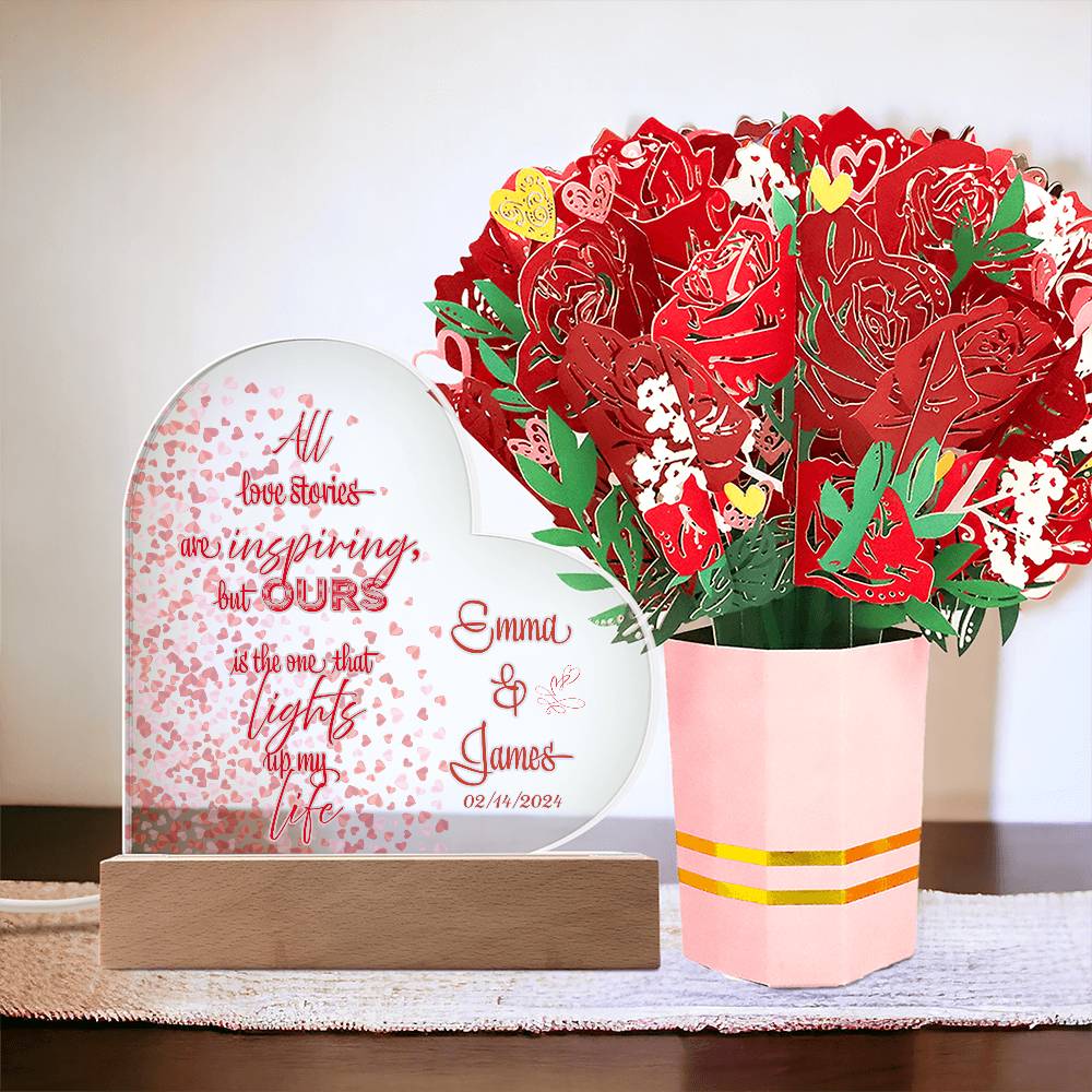 Timeless Love: Acrylic Heart Plaque and Flower Bundle