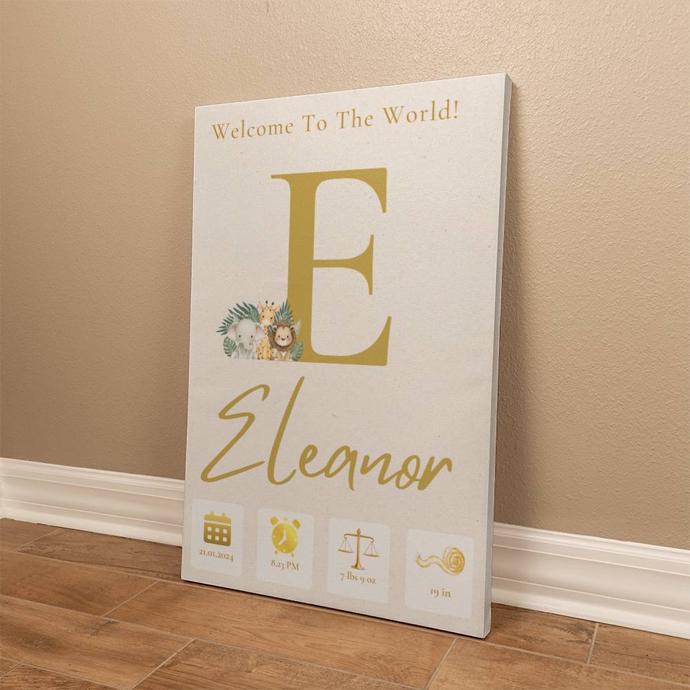 "Welcome to the World" -Personalized Birth Announcement, Gallery Wrapped Canvas, Various sizes