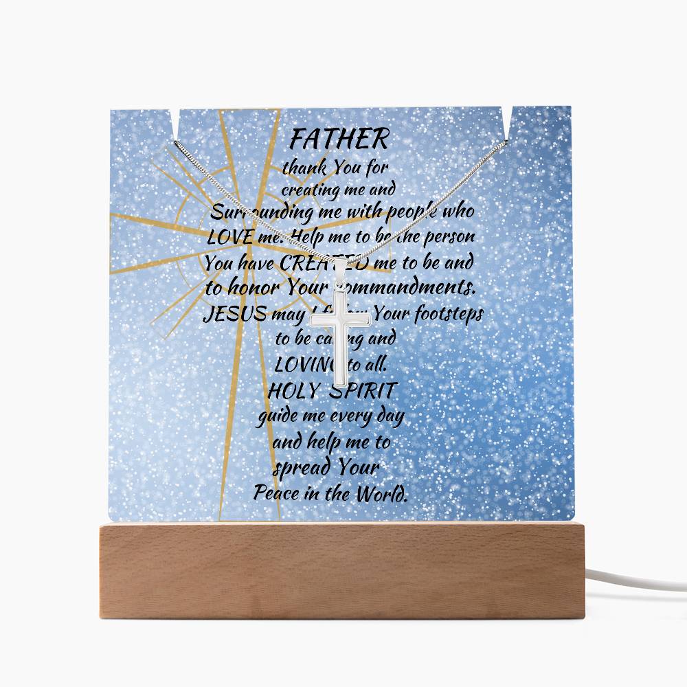 Blessed Beginnings: Personalized Acrylic Plaque with Stainless Steel Cross Necklace