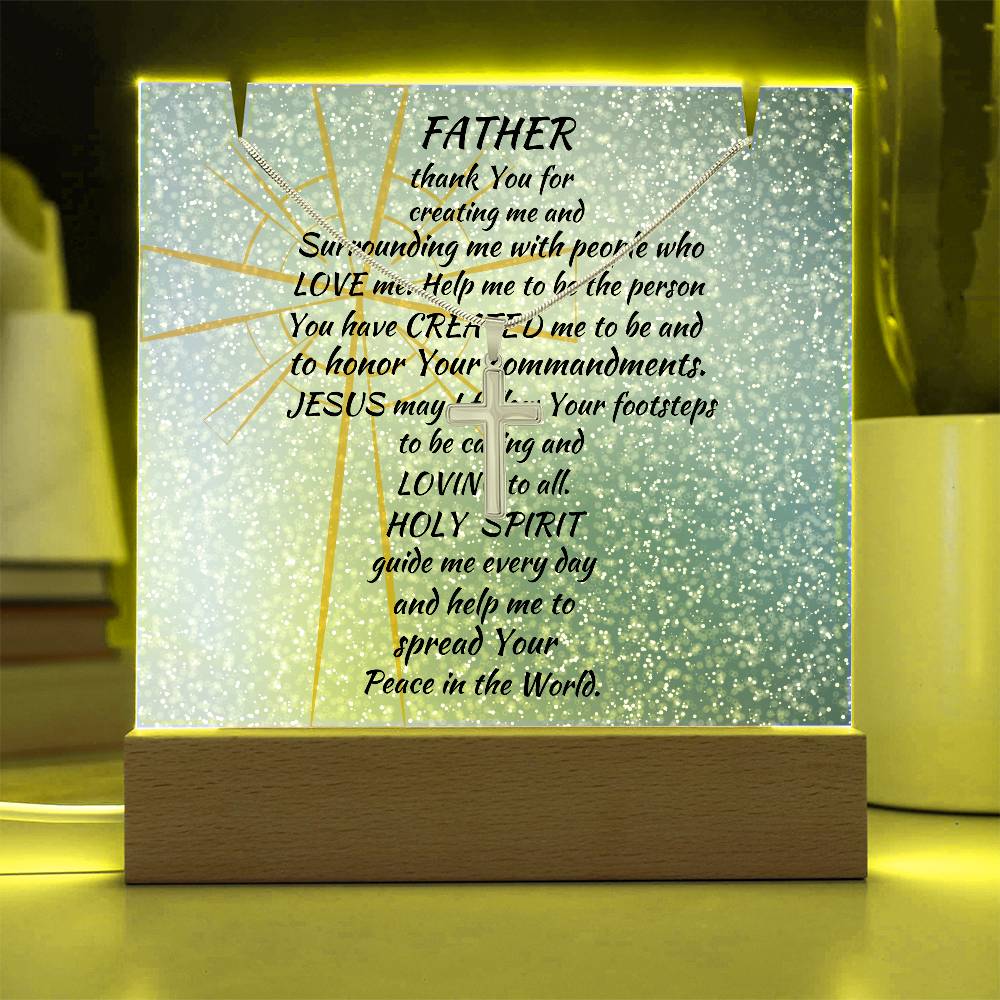 Blessed Beginnings: Personalized Acrylic Plaque with Stainless Steel Cross Necklace