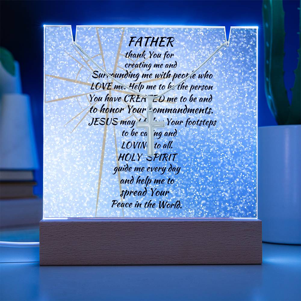 Blessed Beginnings: Personalized Acrylic Plaque with Stainless Steel Cross Necklace