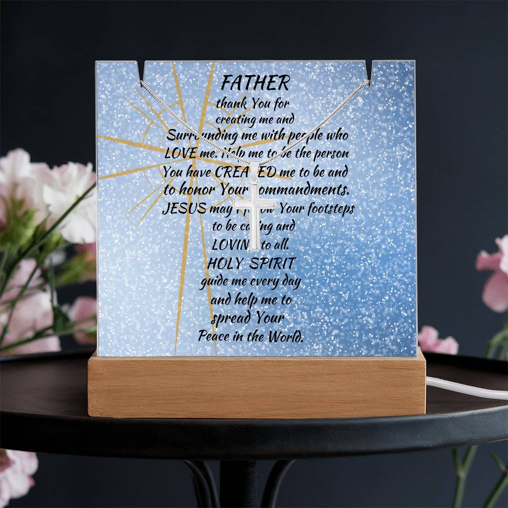 Blessed Beginnings: Personalized Acrylic Plaque with Stainless Steel Cross Necklace