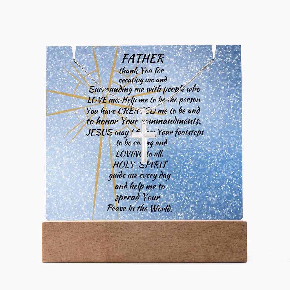 Blessed Beginnings: Personalized Acrylic Plaque with Stainless Steel Cross Necklace