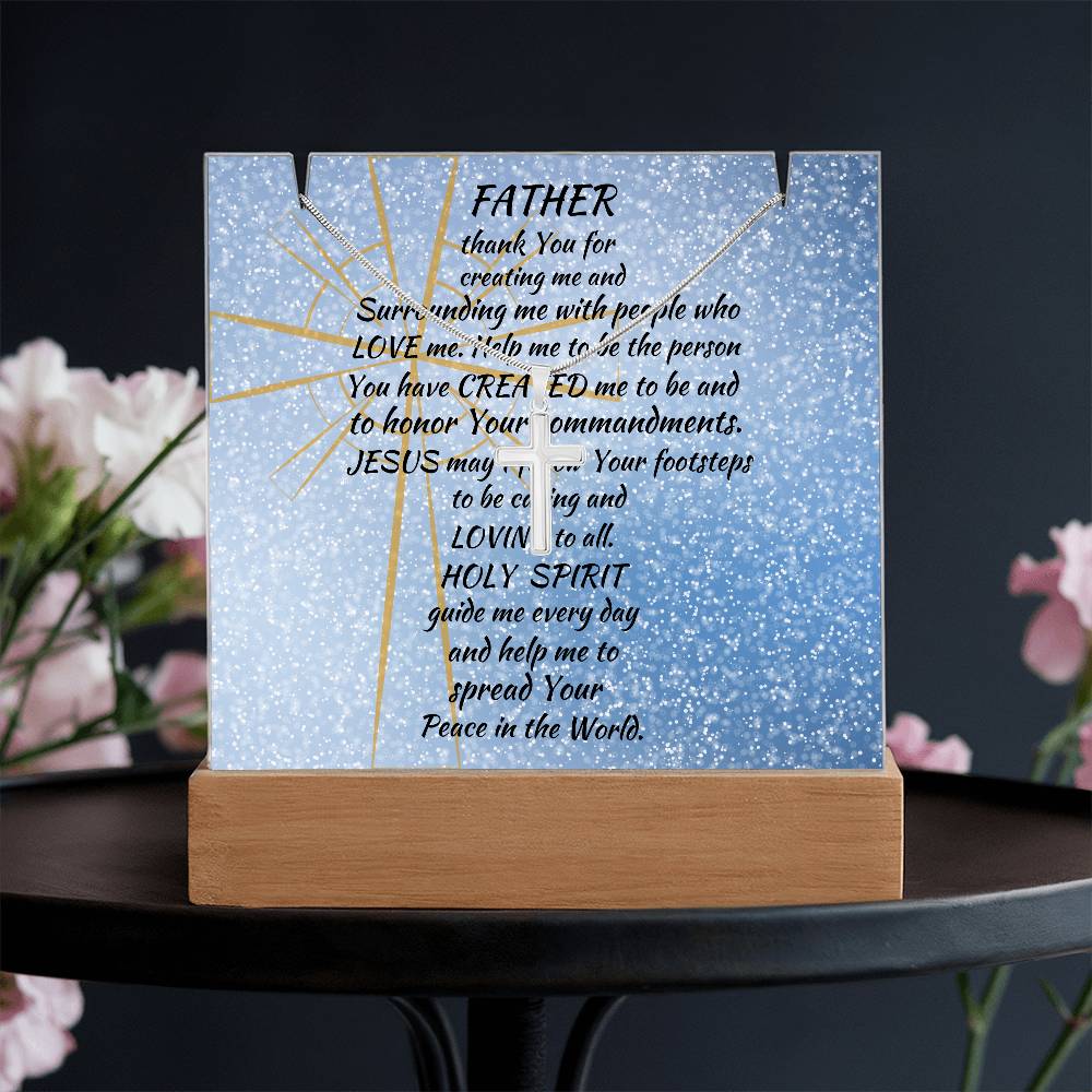 Blessed Beginnings: Personalized Acrylic Plaque with Stainless Steel Cross Necklace