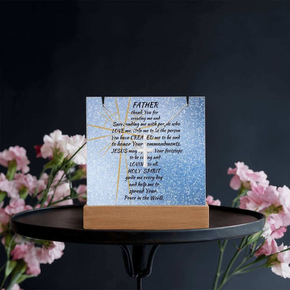 Blessed Beginnings: Personalized Acrylic Plaque with Stainless Steel Cross Necklace