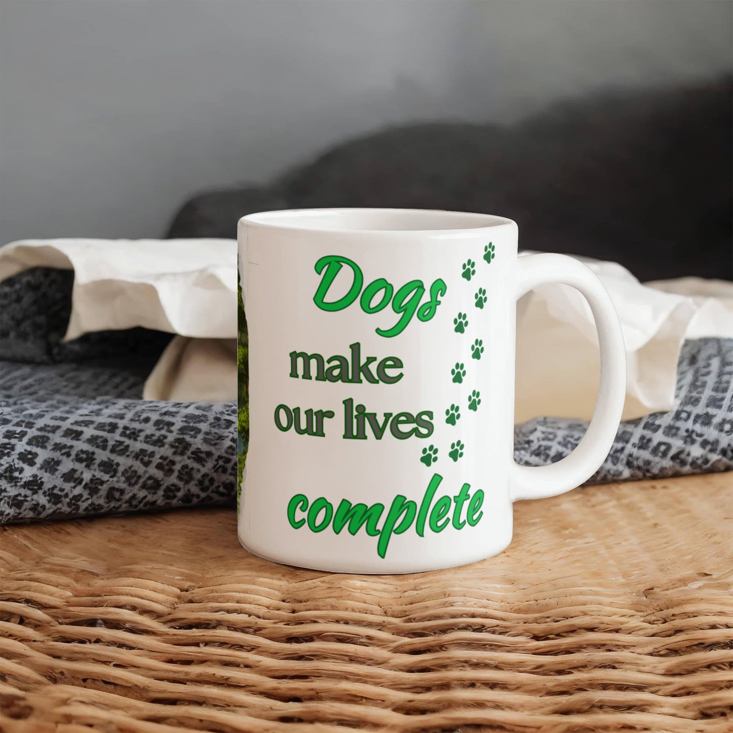 Customized "Dogs Make Our Lives Complete" White Ceramic Mug, 11 oz, 15 oz