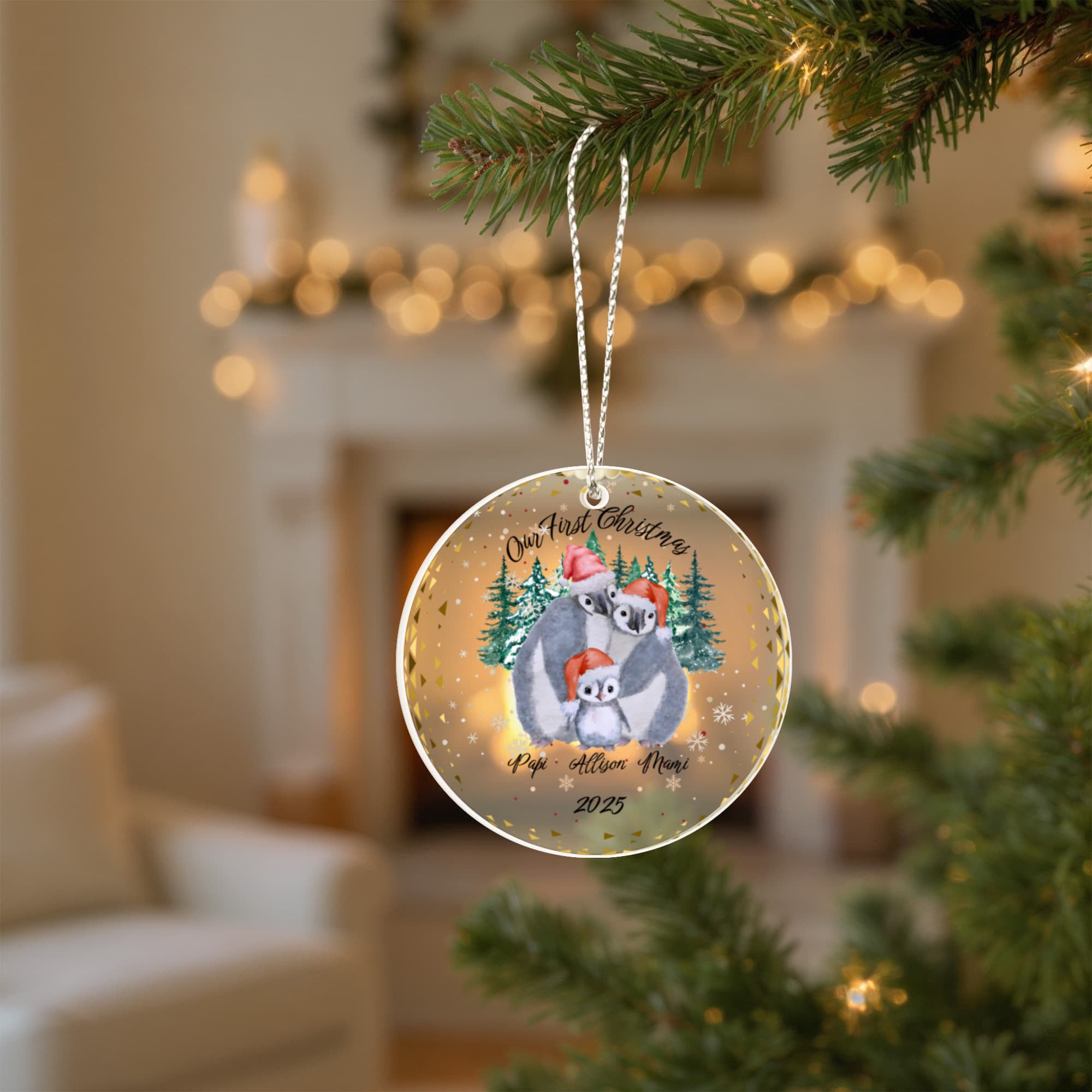 Our First Christmas Personalized Penguin Family Acrylic Circle Ornament