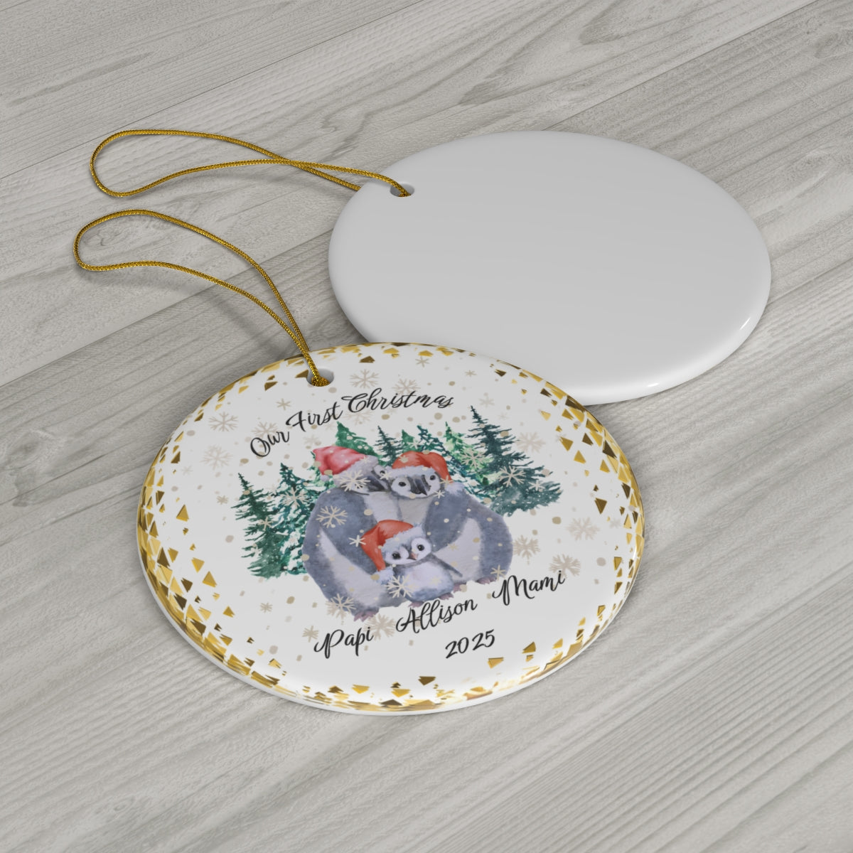 Personalized Ceramic Christmas Ornament -Penguin Family - White Ceramic - Circle Shape
