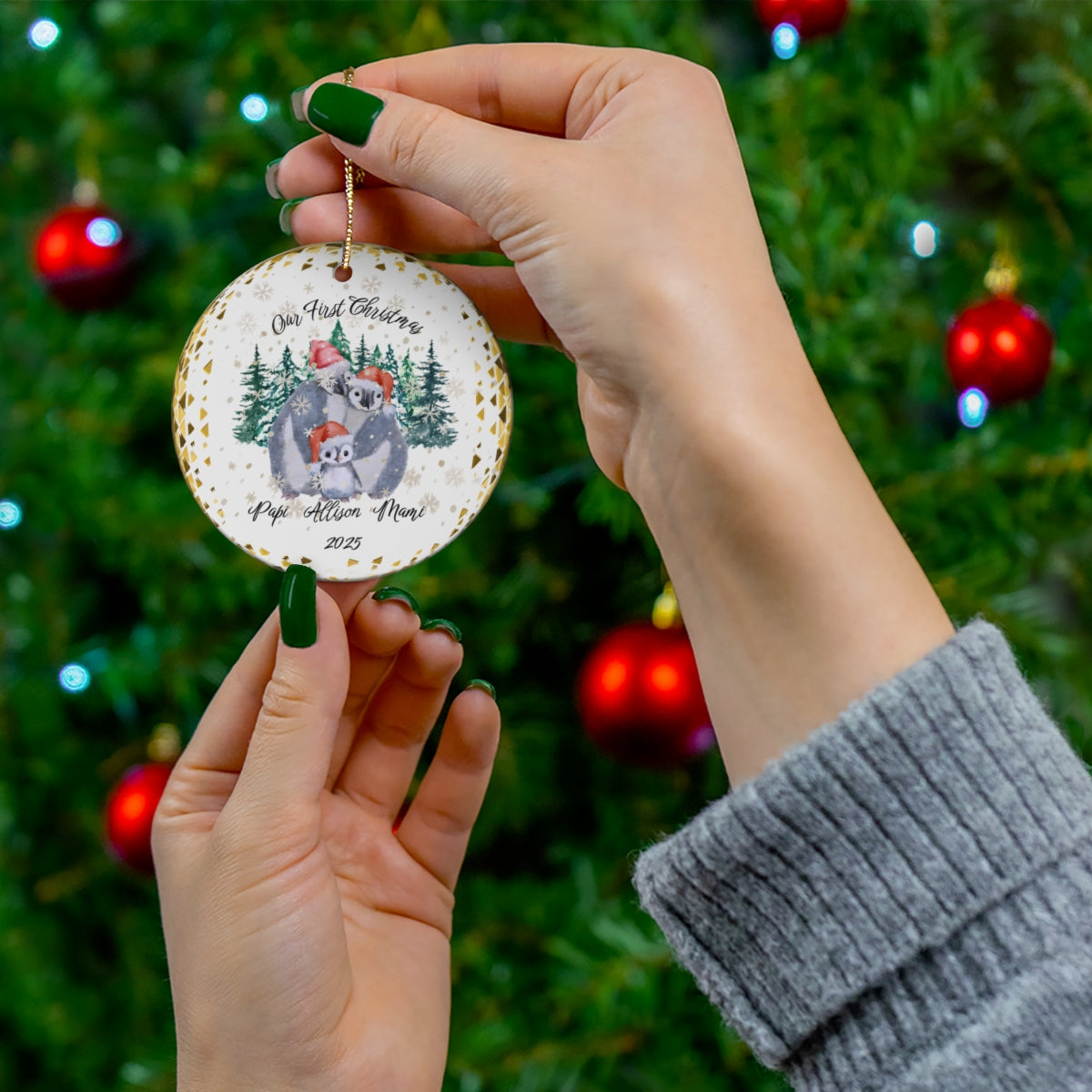 Personalized Ceramic Christmas Ornament -Penguin Family - White Ceramic - Circle Shape