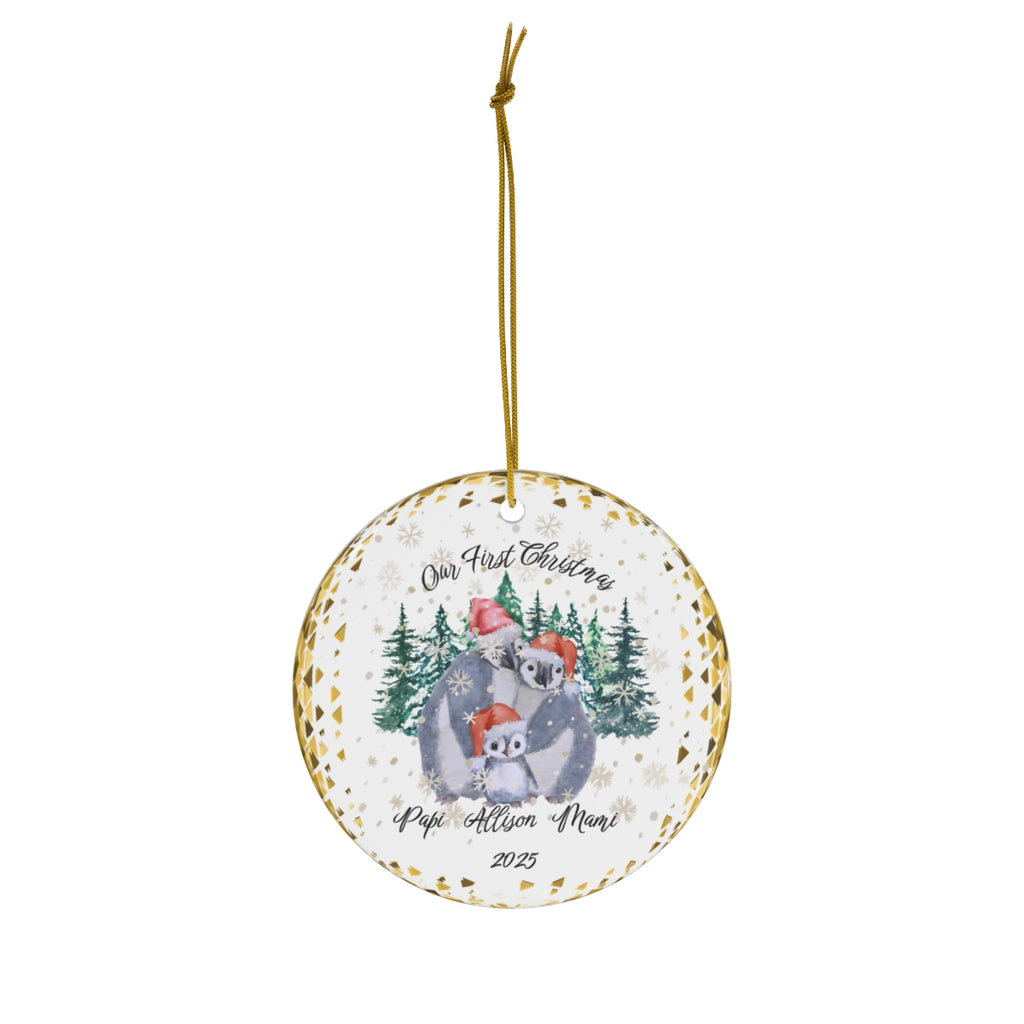 Personalized Ceramic Christmas Ornament -Penguin Family - White Ceramic - Circle Shape