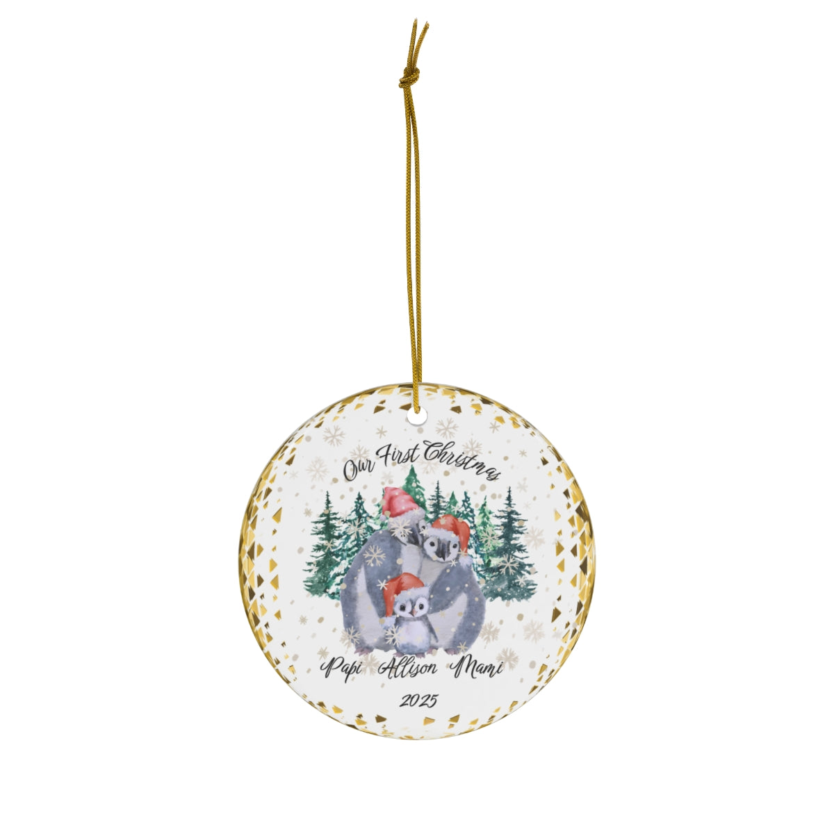 Personalized Ceramic Christmas Ornament -Penguin Family - White Ceramic - Circle Shape