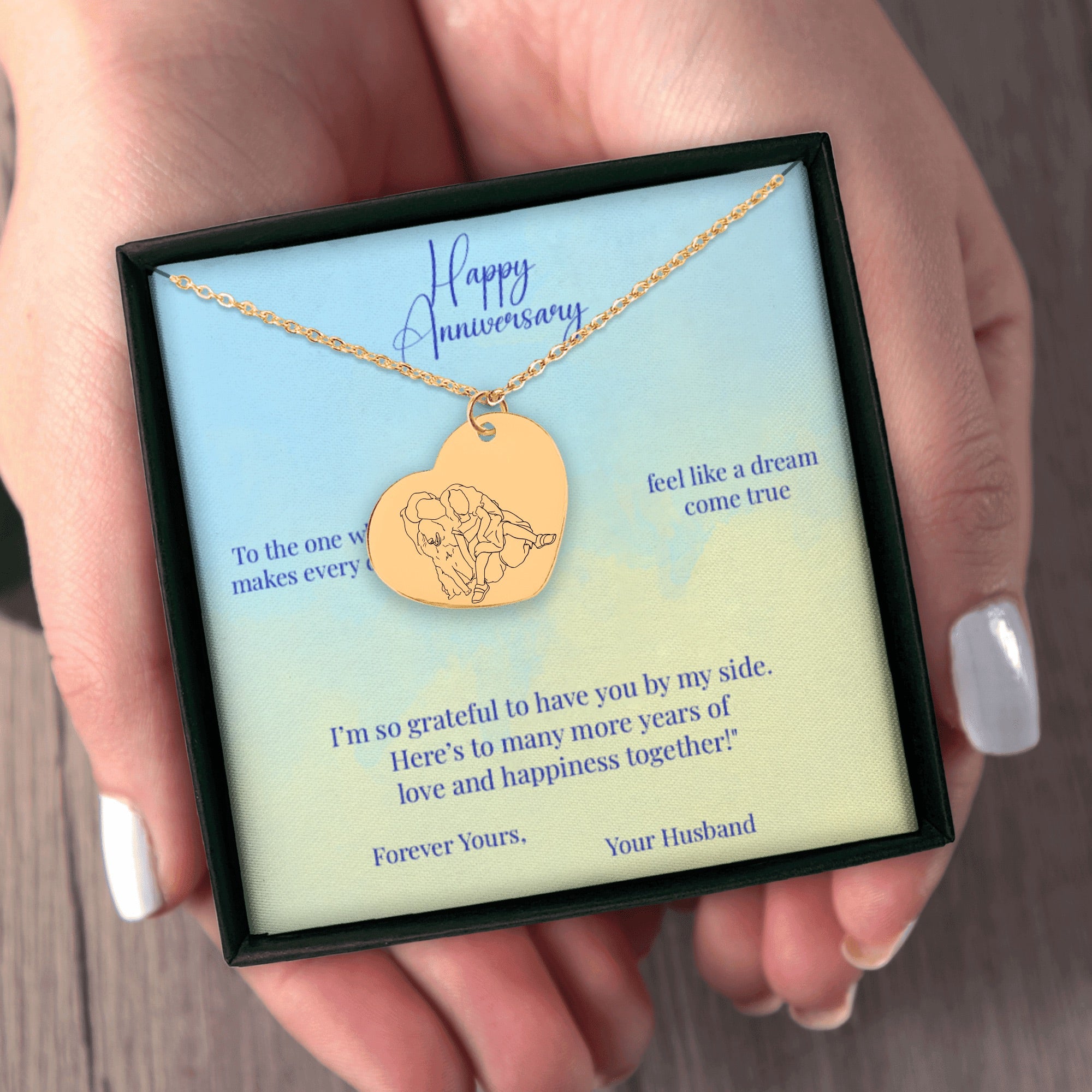 Line Art Portrait Heart Necklace—Personalized Message Card—Custom Engraved Jewelry—Anniversary Keepsake