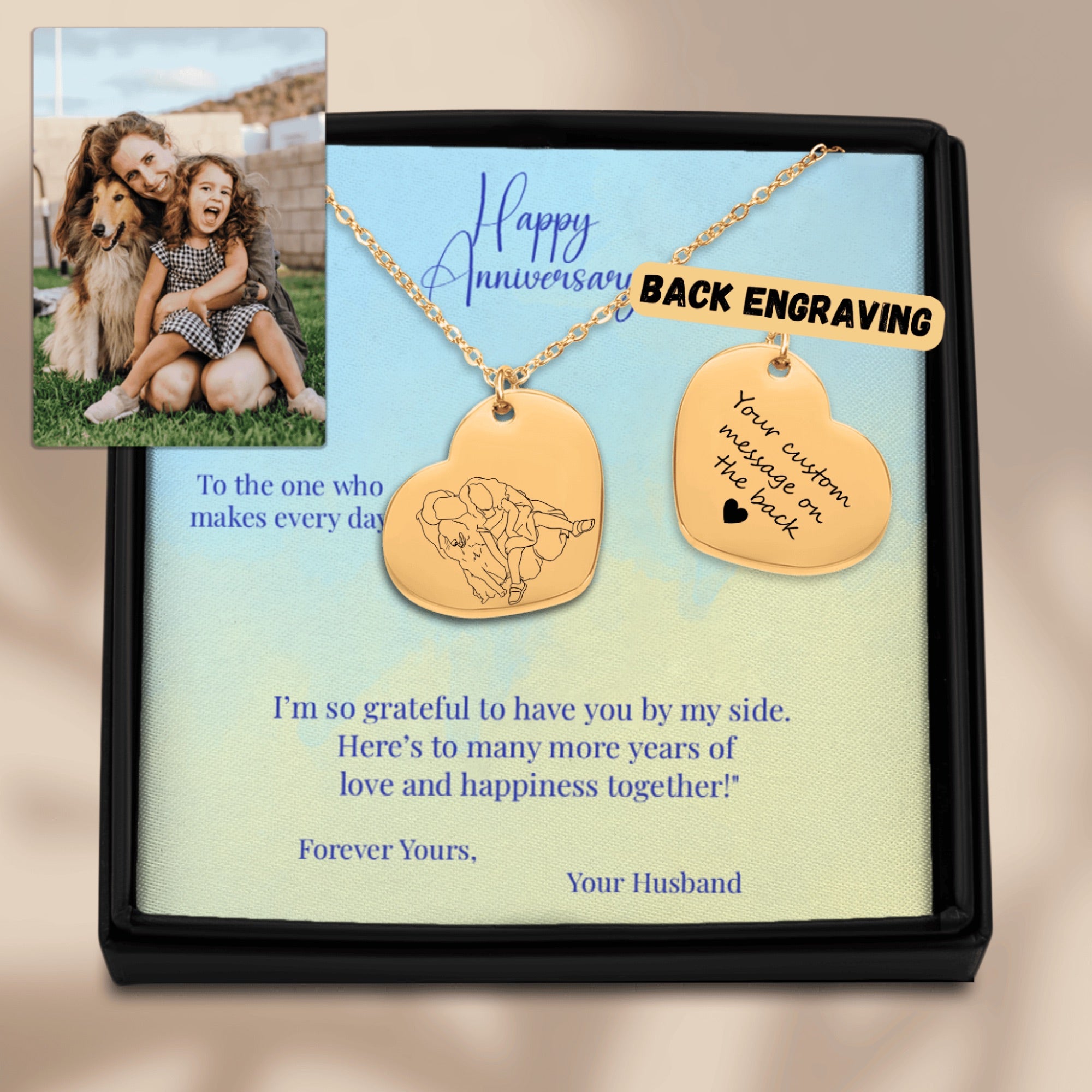 Line Art Portrait Heart Necklace—Personalized Message Card—Custom Engraved Jewelry—Anniversary Keepsake