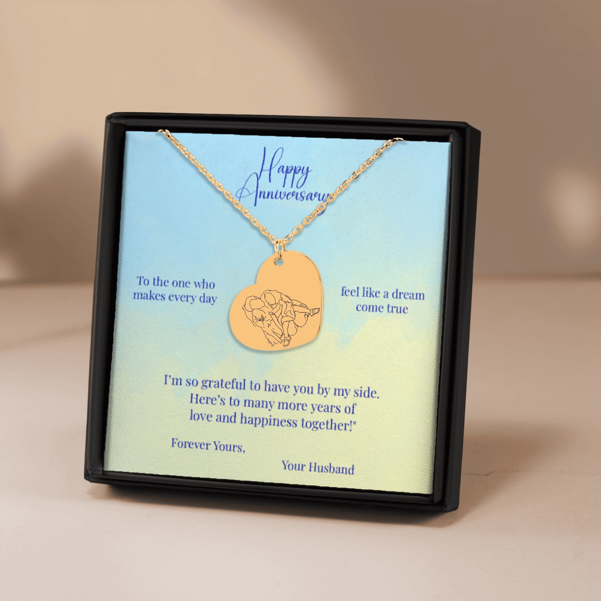 Line Art Portrait Heart Necklace—Personalized Message Card—Custom Engraved Jewelry—Anniversary Keepsake