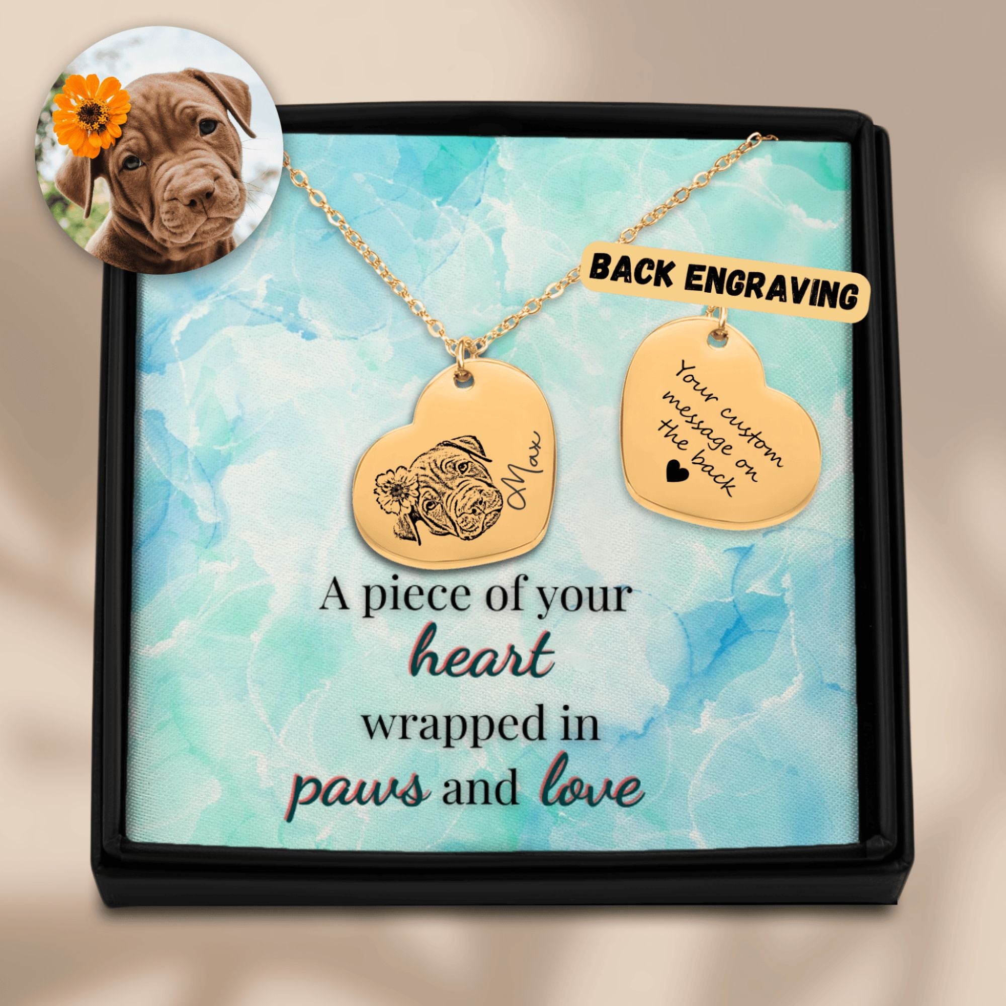 Personalized Engraved Pet Portrait Heart-Shaped Pendant Necklace--Unique Heartfelt Gift for Animal Lovers