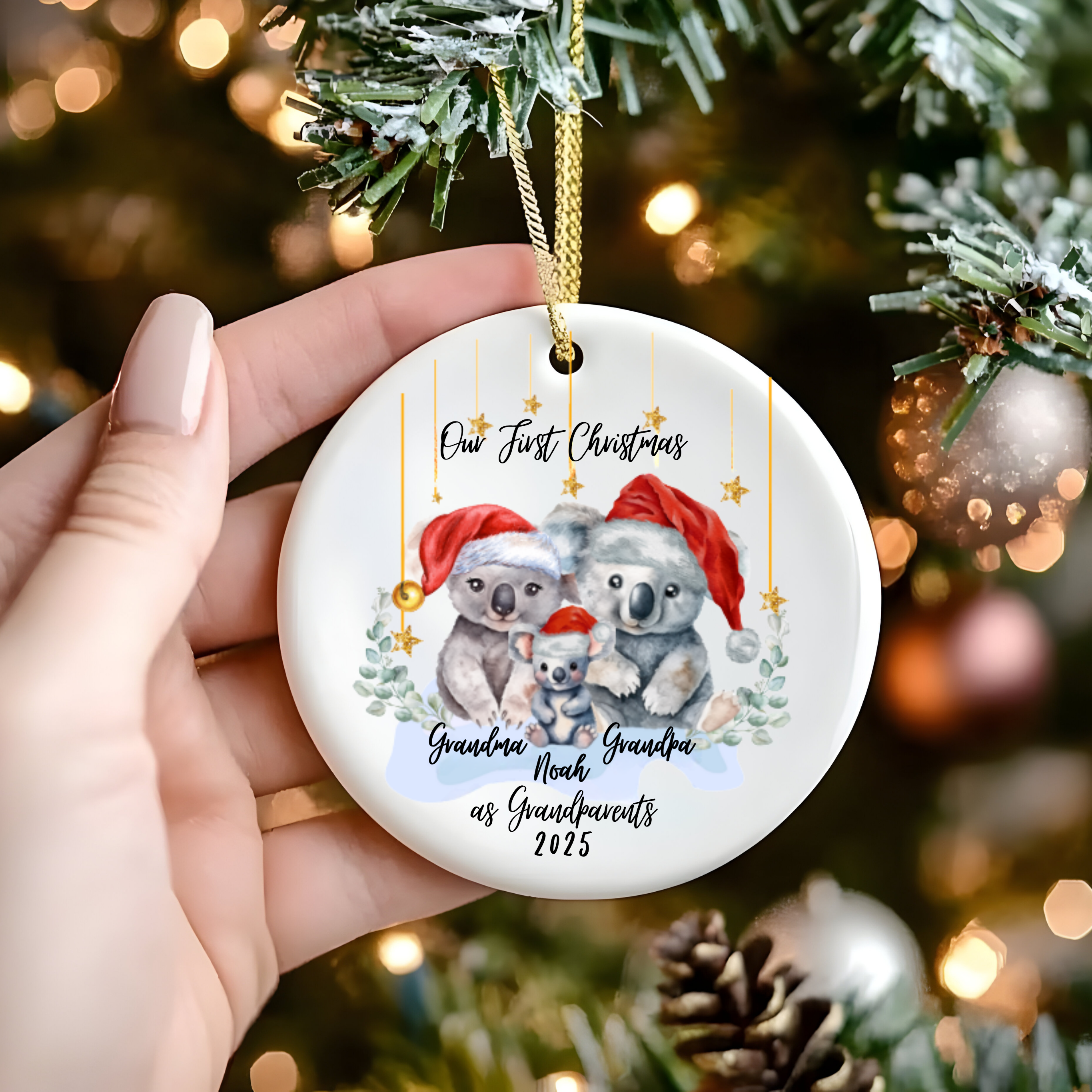 Personalized Grandparent Gift, First Grandbaby Gift, Koala Family Ornament, Ceramic Christmas Decoration, Custom Holiday Keepsake